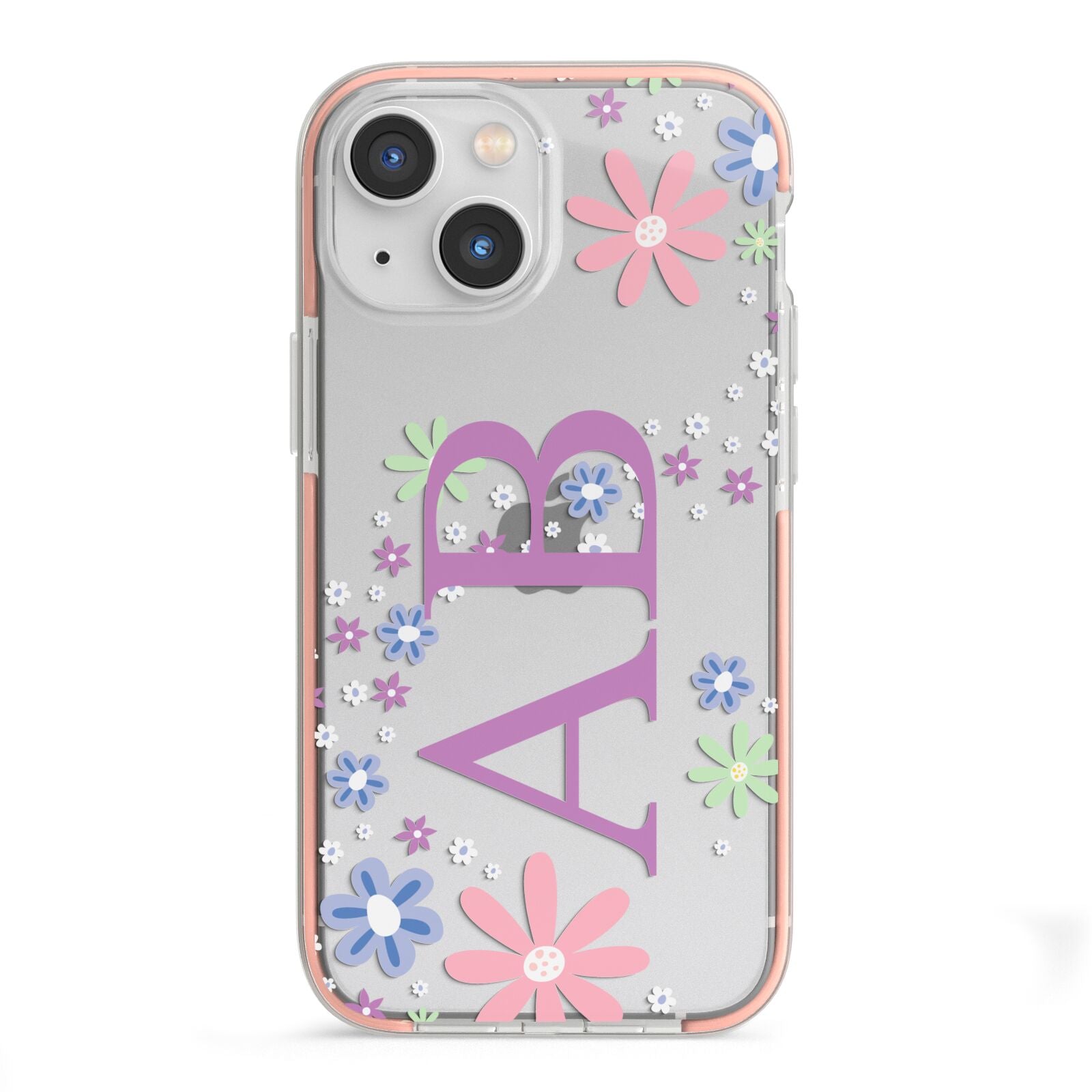 Personalised Floral Initials iPhone 13 Mini TPU Impact Case with Pink Edges