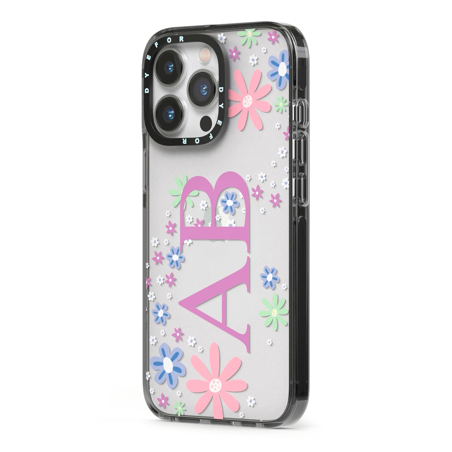 Personalised Floral Initials iPhone 13 Pro Black Impact Case Side Angle on Silver phone