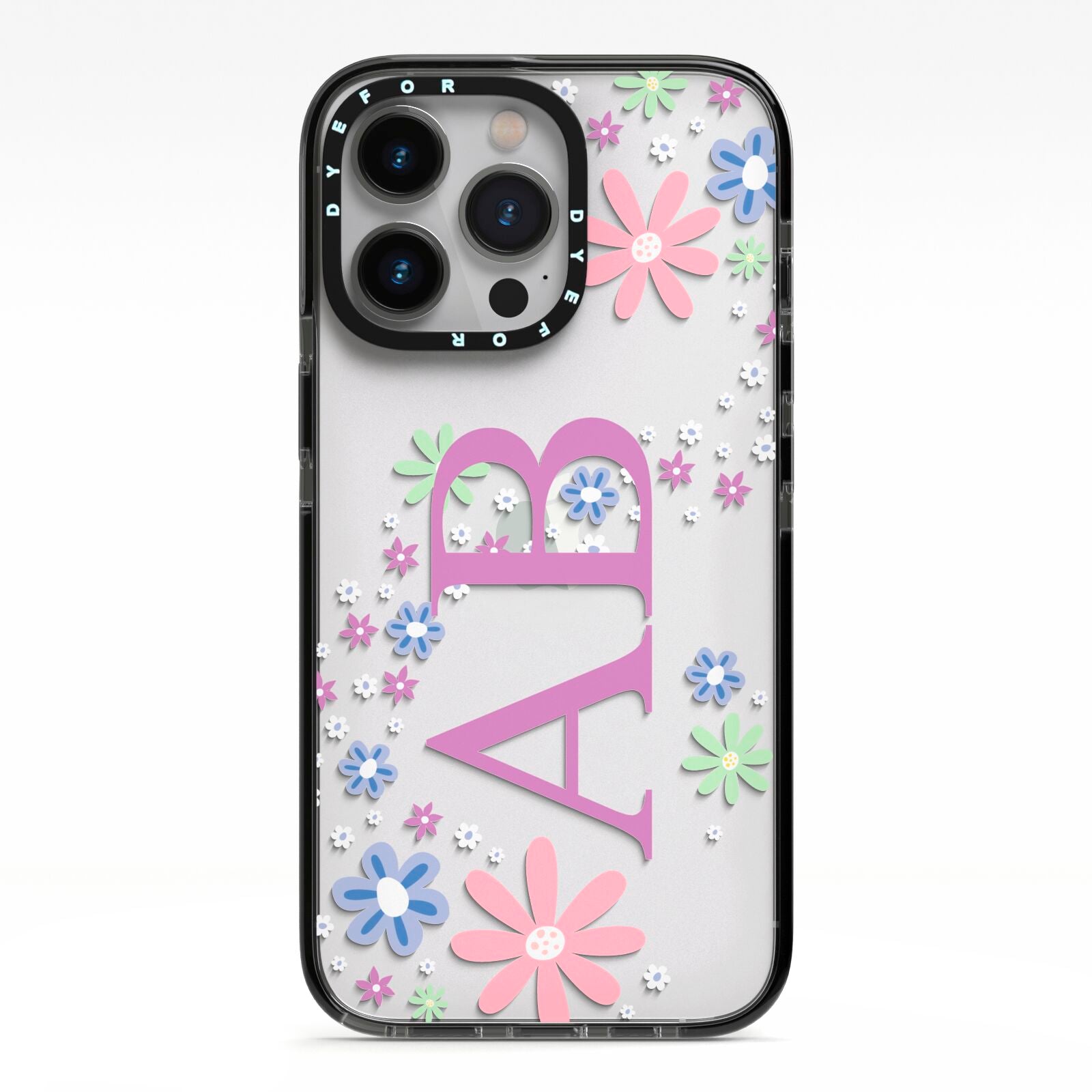 Personalised Floral Initials iPhone 13 Pro Black Impact Case on Silver phone