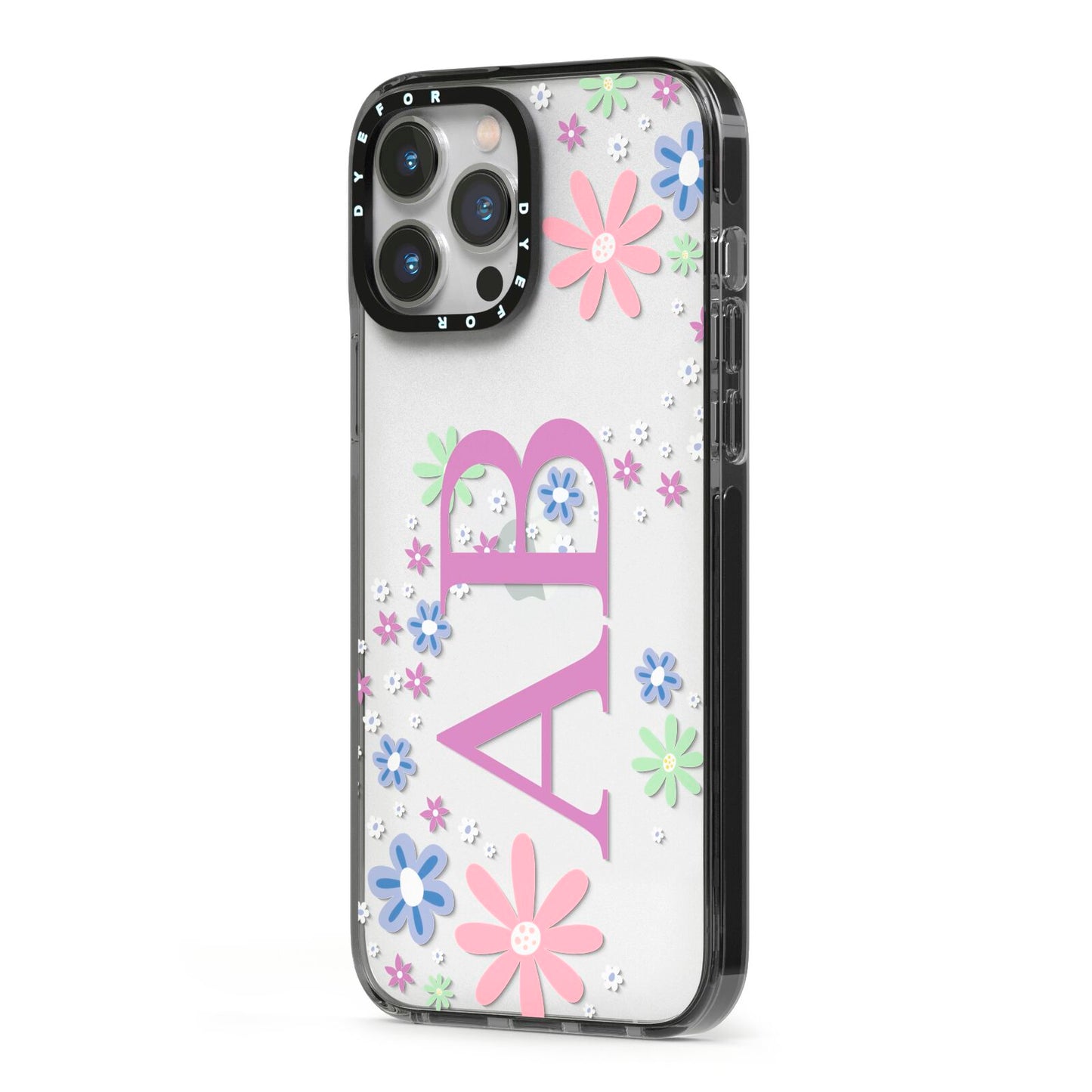 Personalised Floral Initials iPhone 13 Pro Max Black Impact Case Side Angle on Silver phone