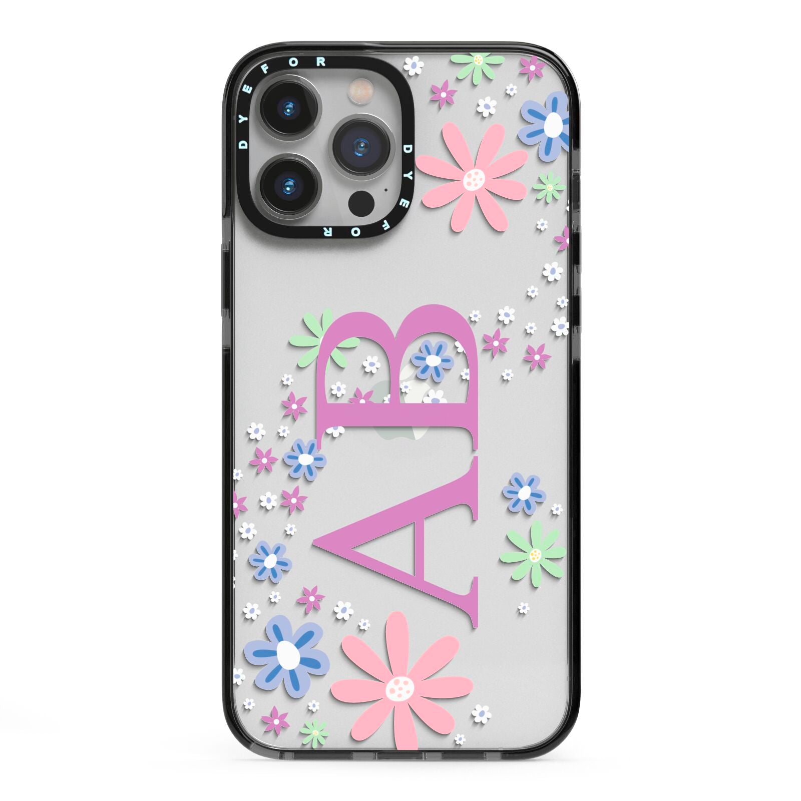 Personalised Floral Initials iPhone 13 Pro Max Black Impact Case on Silver phone