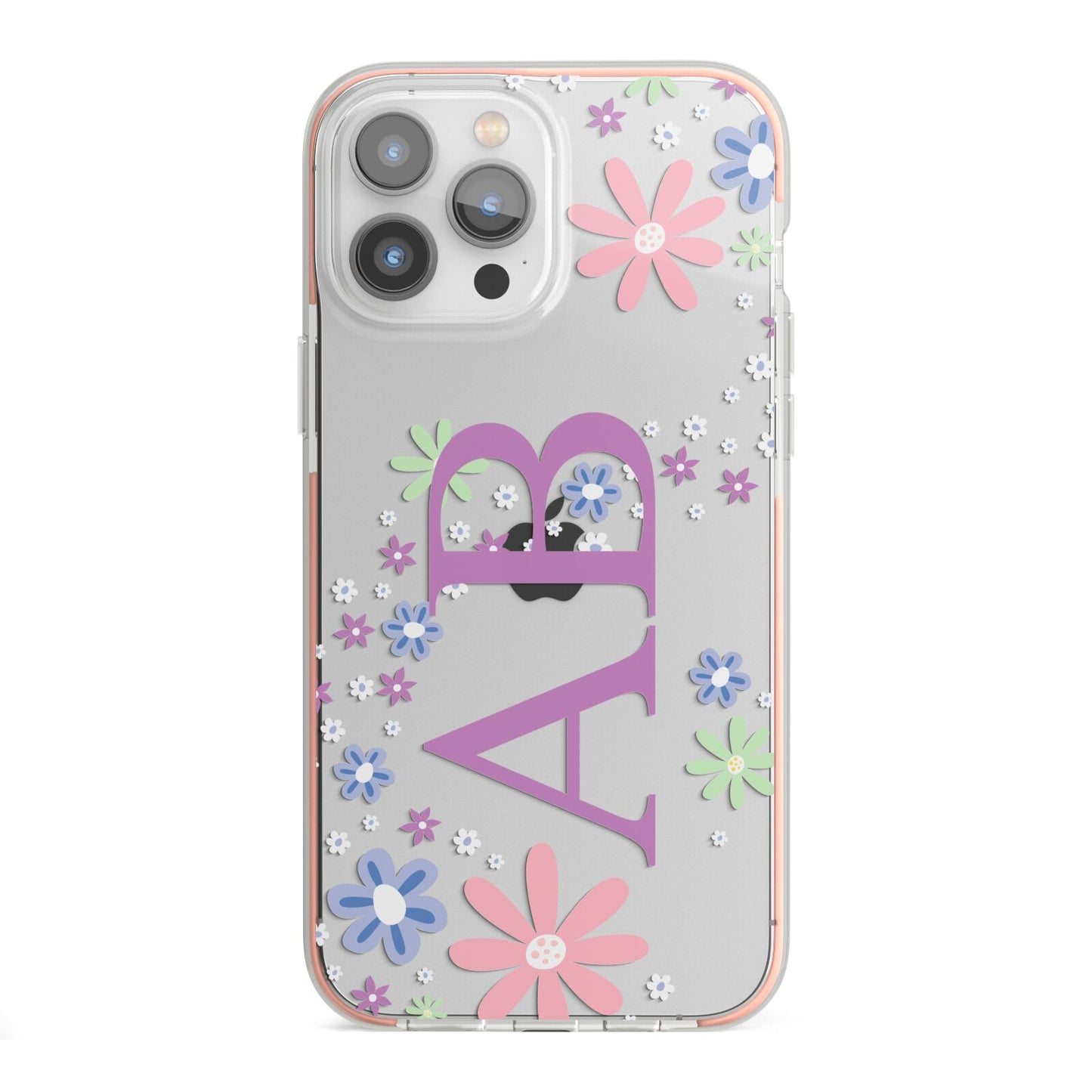 Personalised Floral Initials iPhone 13 Pro Max TPU Impact Case with Pink Edges