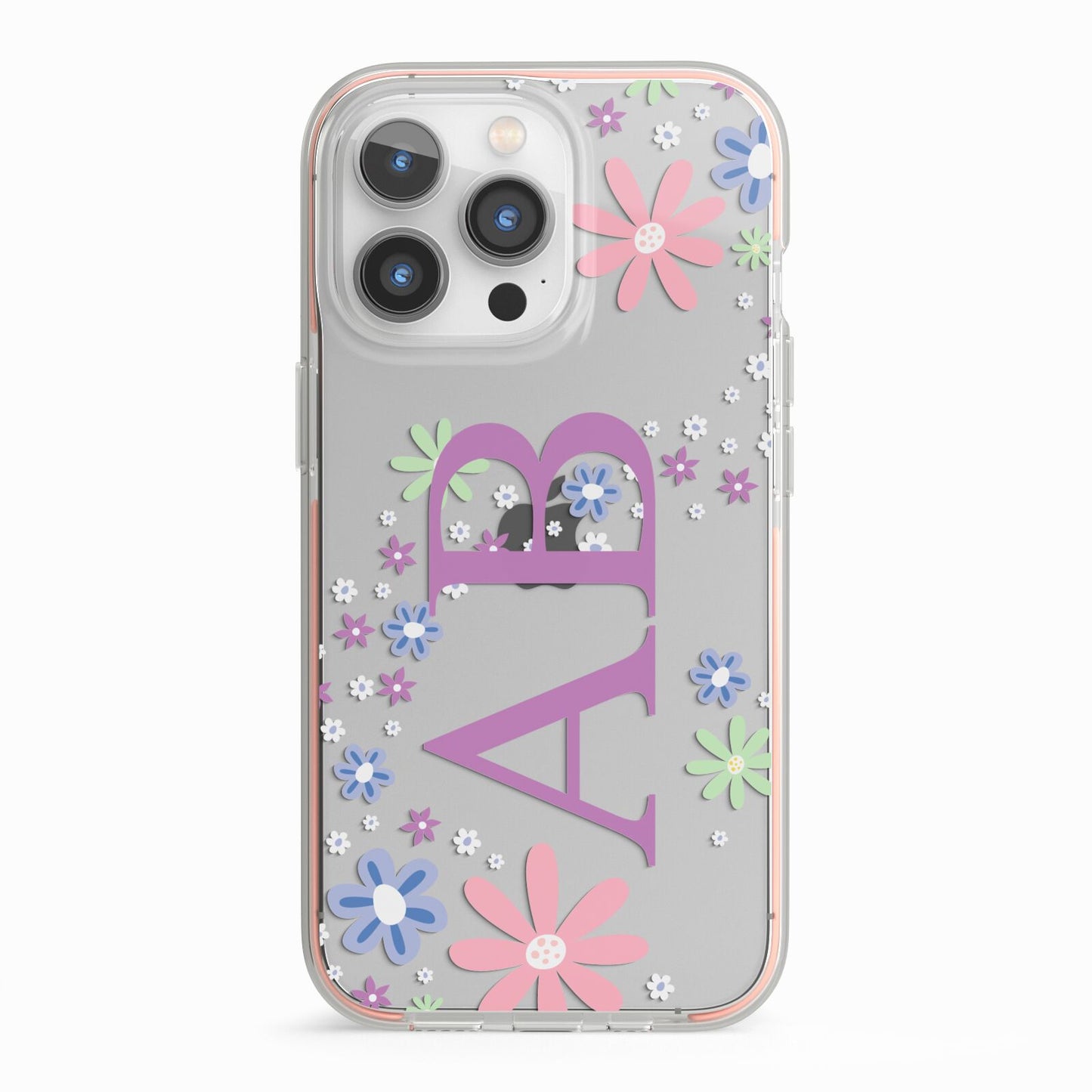 Personalised Floral Initials iPhone 13 Pro TPU Impact Case with Pink Edges