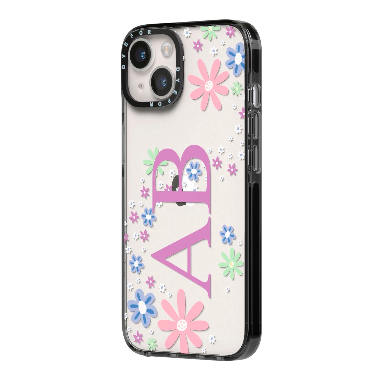 Personalised Floral Initials iPhone 14 Black Impact Case Side Angle on Silver phone