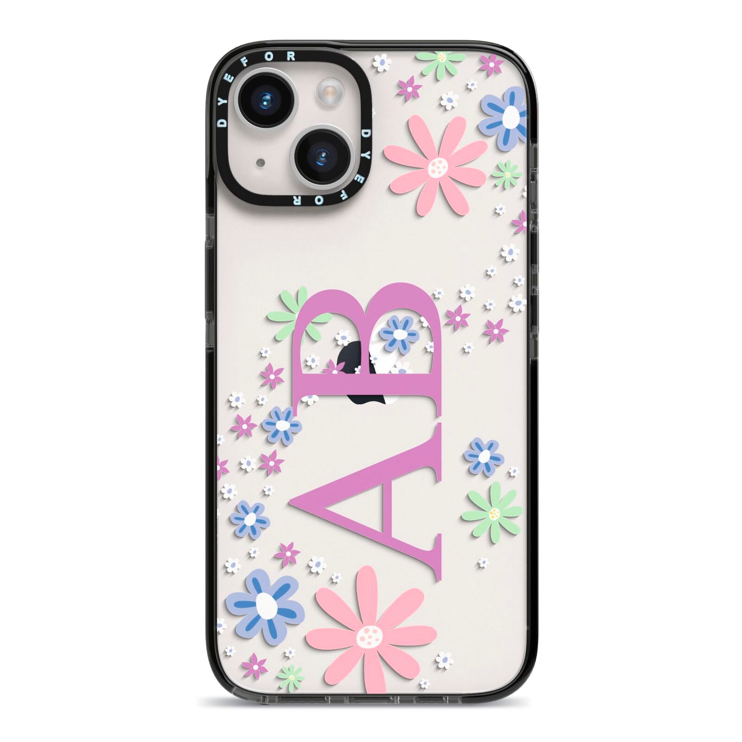 Personalised Floral Initials iPhone 14 Black Impact Case on Silver phone