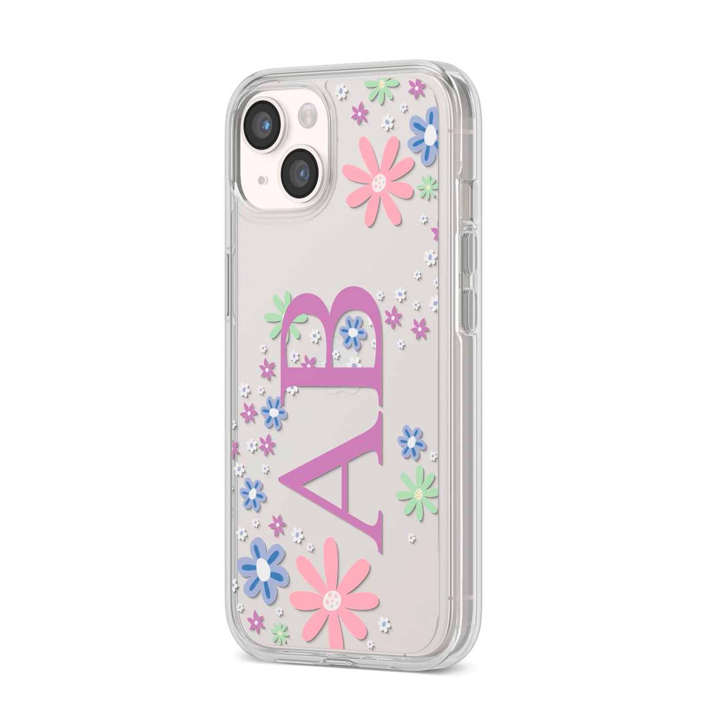 Personalised Floral Initials iPhone 14 Clear Tough Case Starlight Angled Image