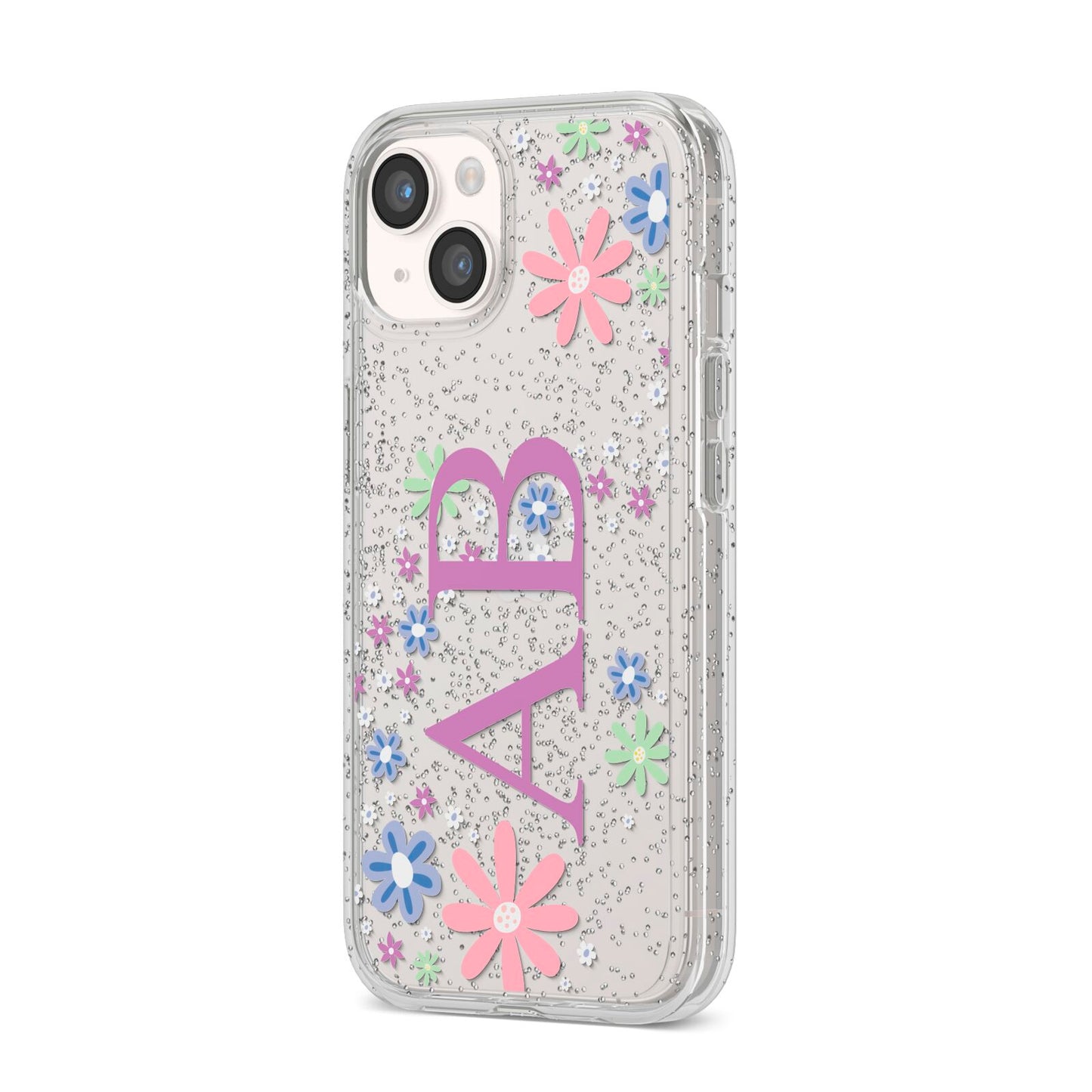 Personalised Floral Initials iPhone 14 Glitter Tough Case Starlight Angled Image