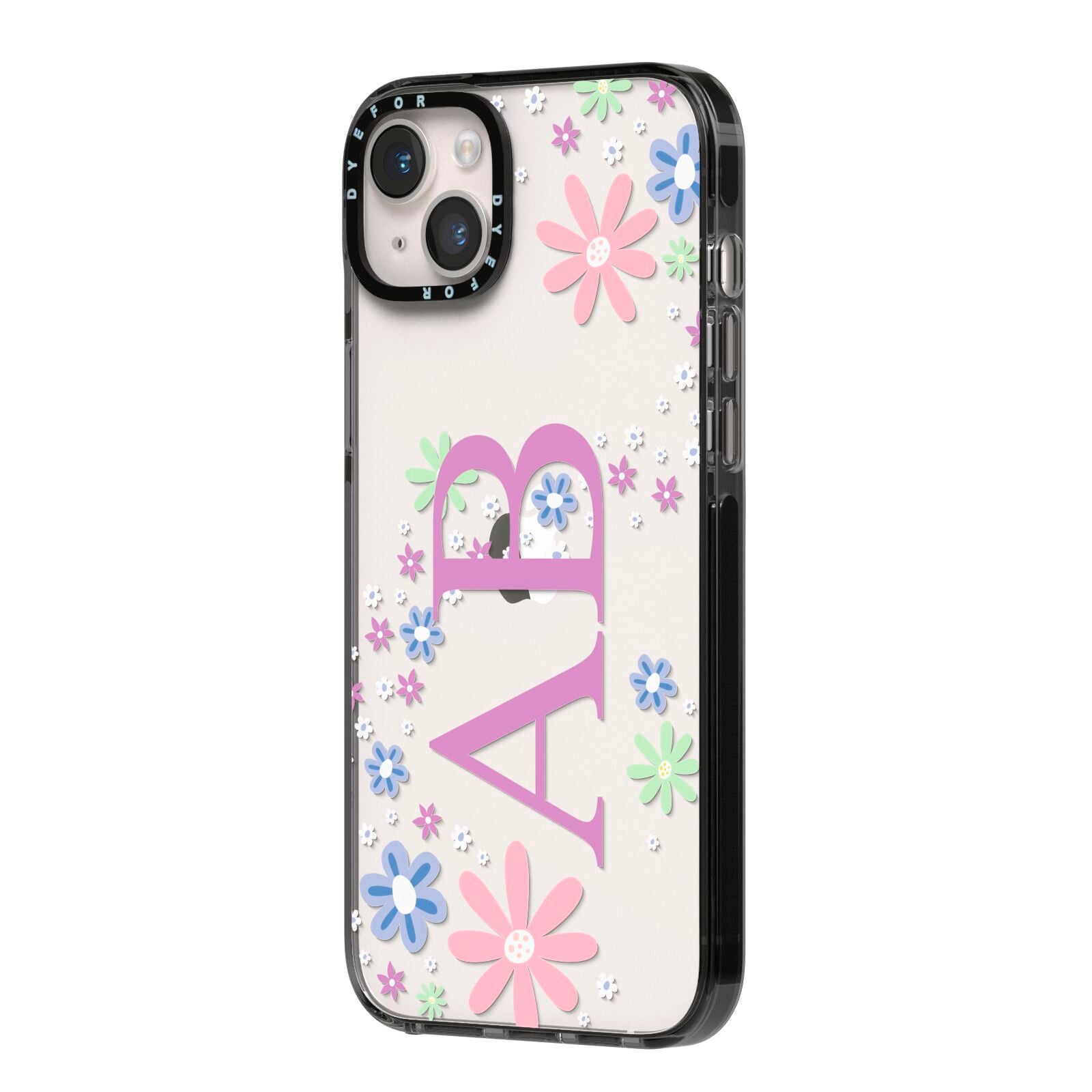 Personalised Floral Initials iPhone 14 Plus Black Impact Case Side Angle on Silver phone