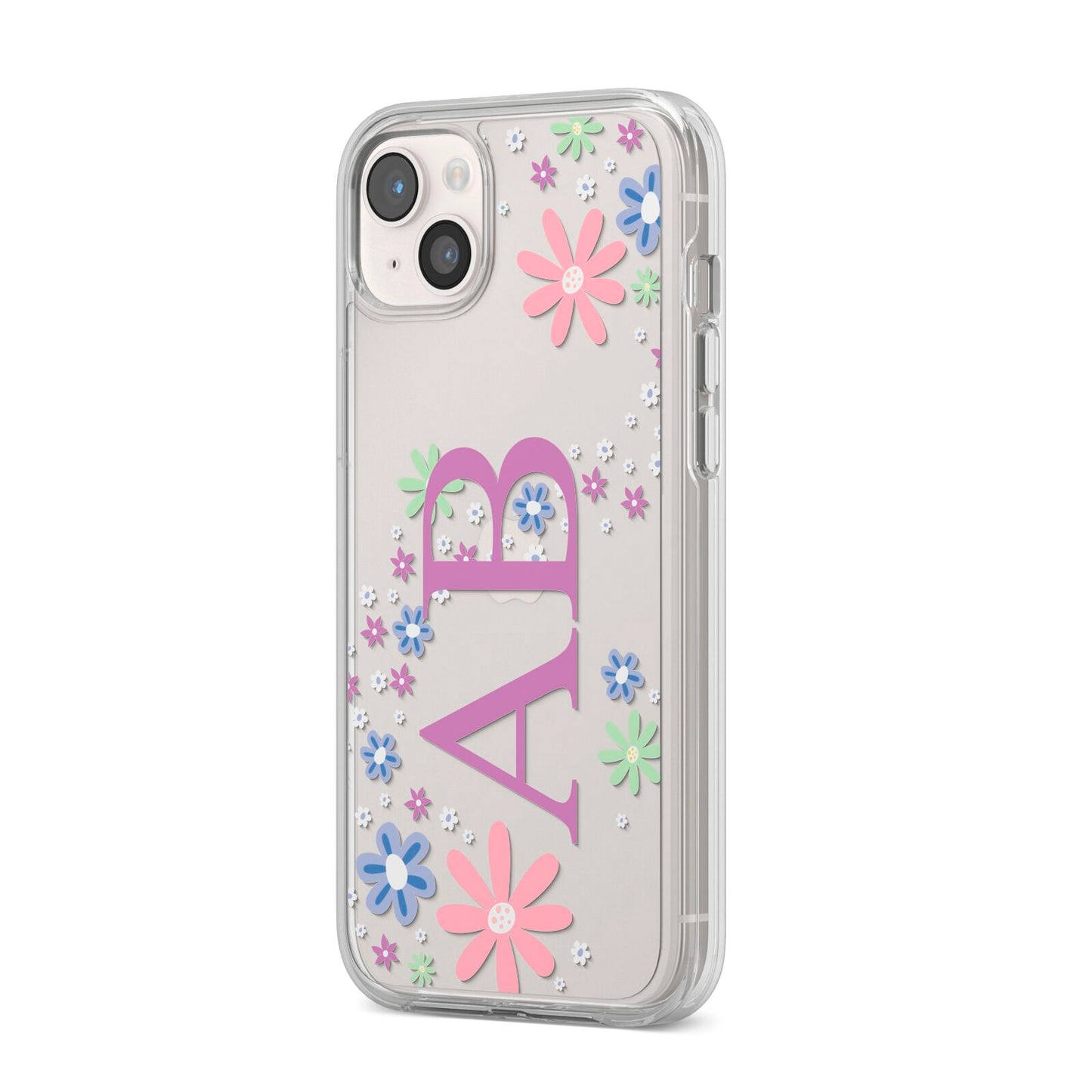 Personalised Floral Initials iPhone 14 Plus Clear Tough Case Starlight Angled Image