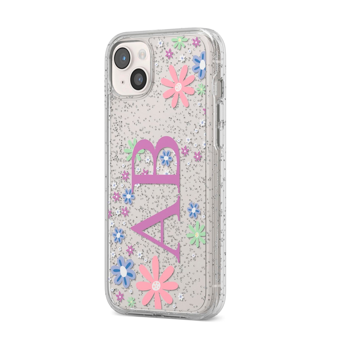 Personalised Floral Initials iPhone 14 Plus Glitter Tough Case Starlight Angled Image