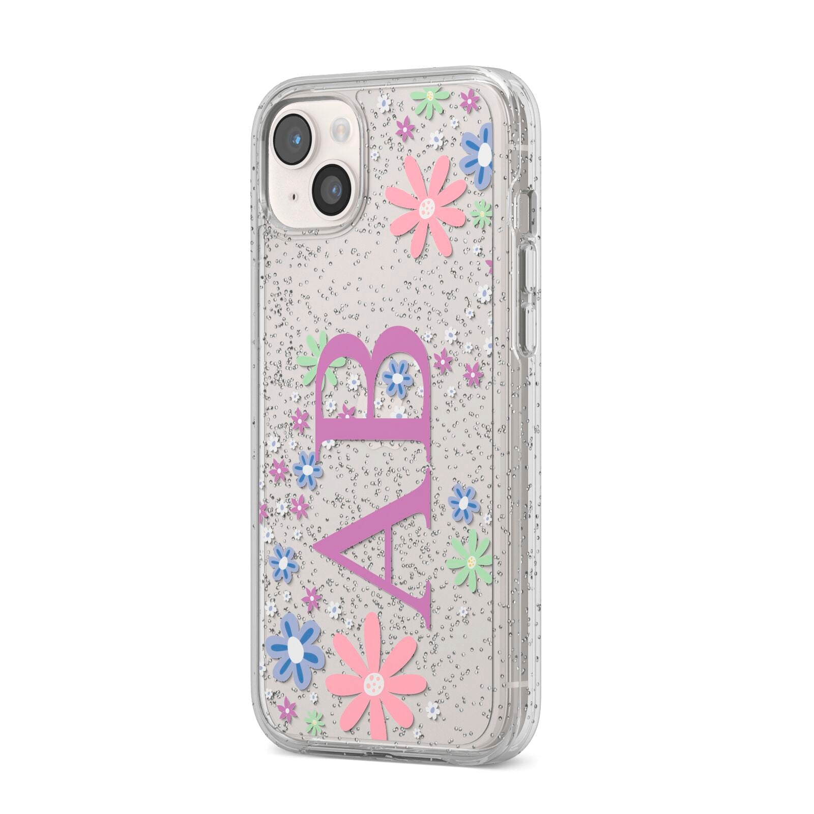 Personalised Floral Initials iPhone 14 Plus Glitter Tough Case Starlight Angled Image