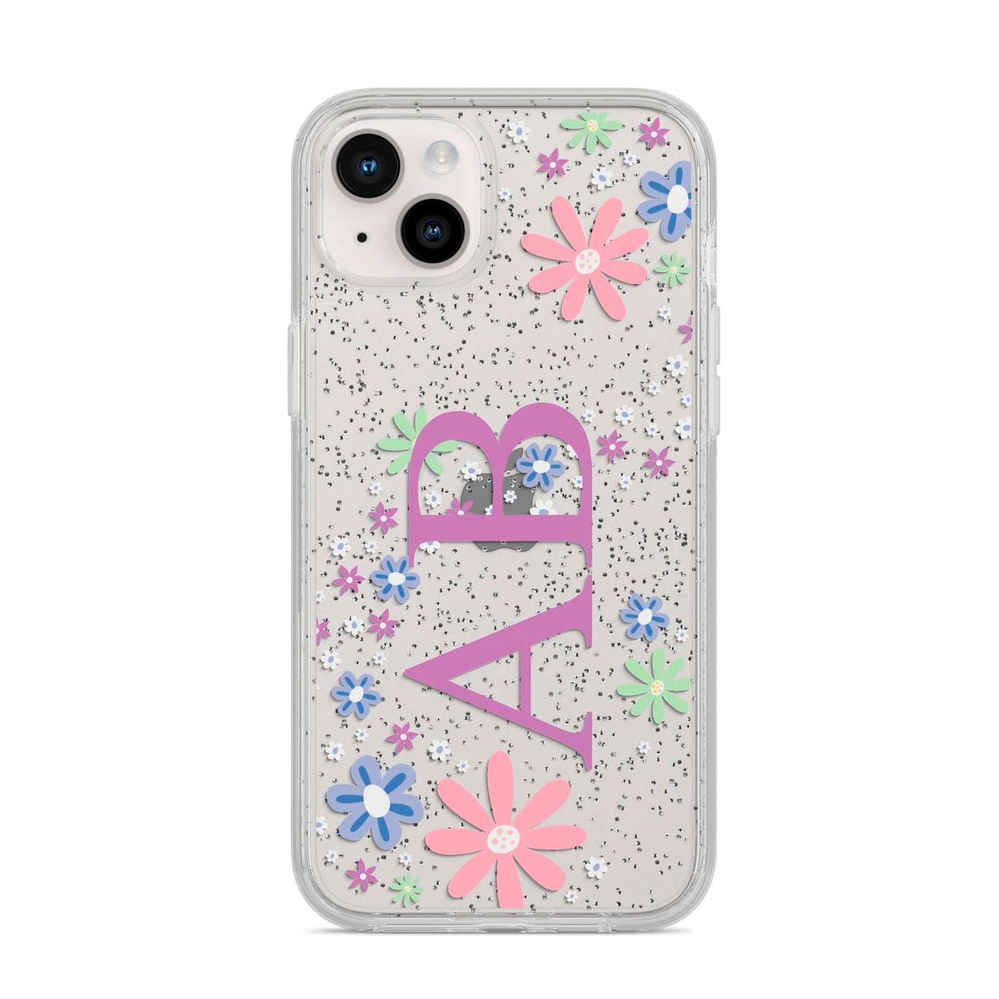 Personalised Floral Initials iPhone 14 Plus Glitter Tough Case Starlight