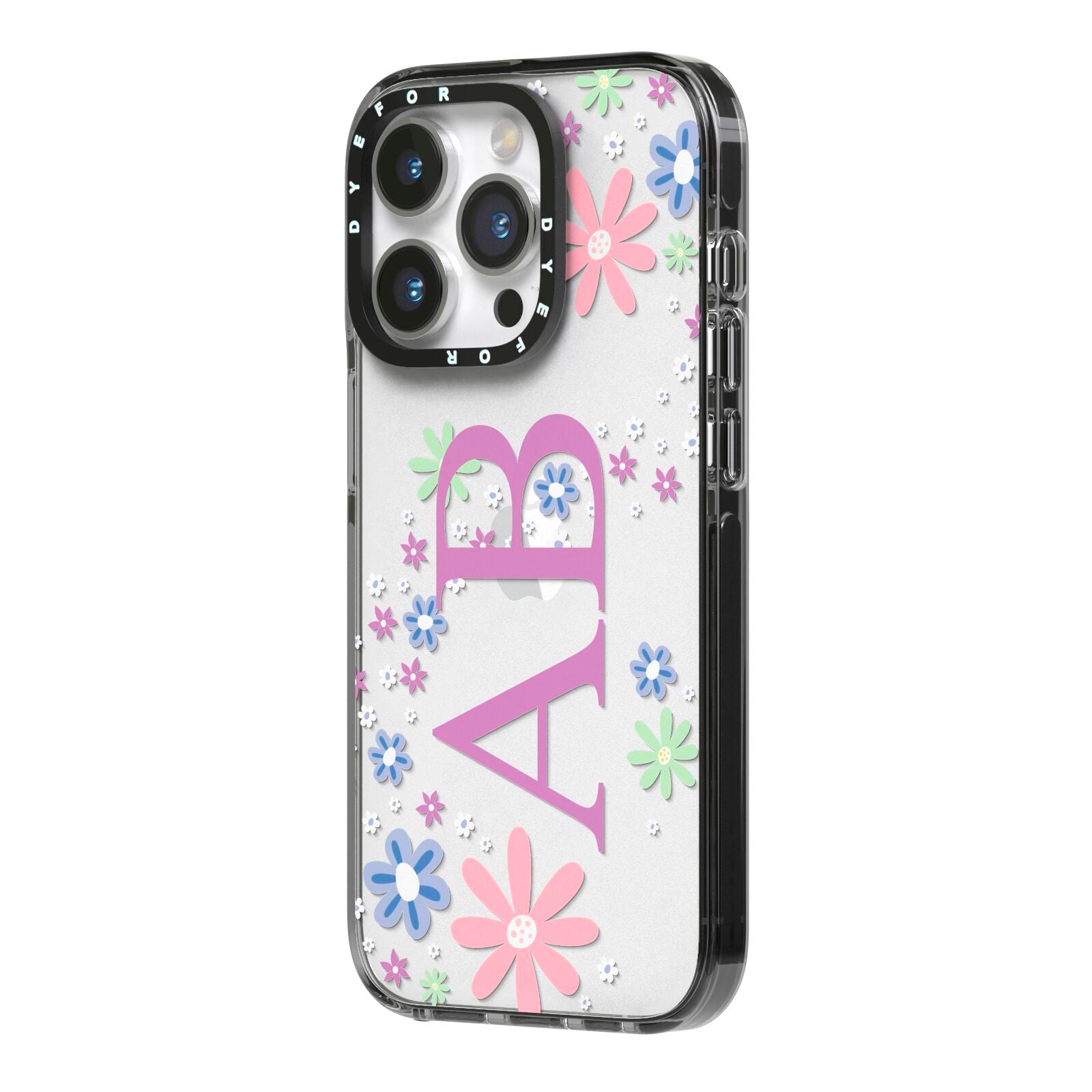 Personalised Floral Initials iPhone 14 Pro Black Impact Case Side Angle on Silver phone