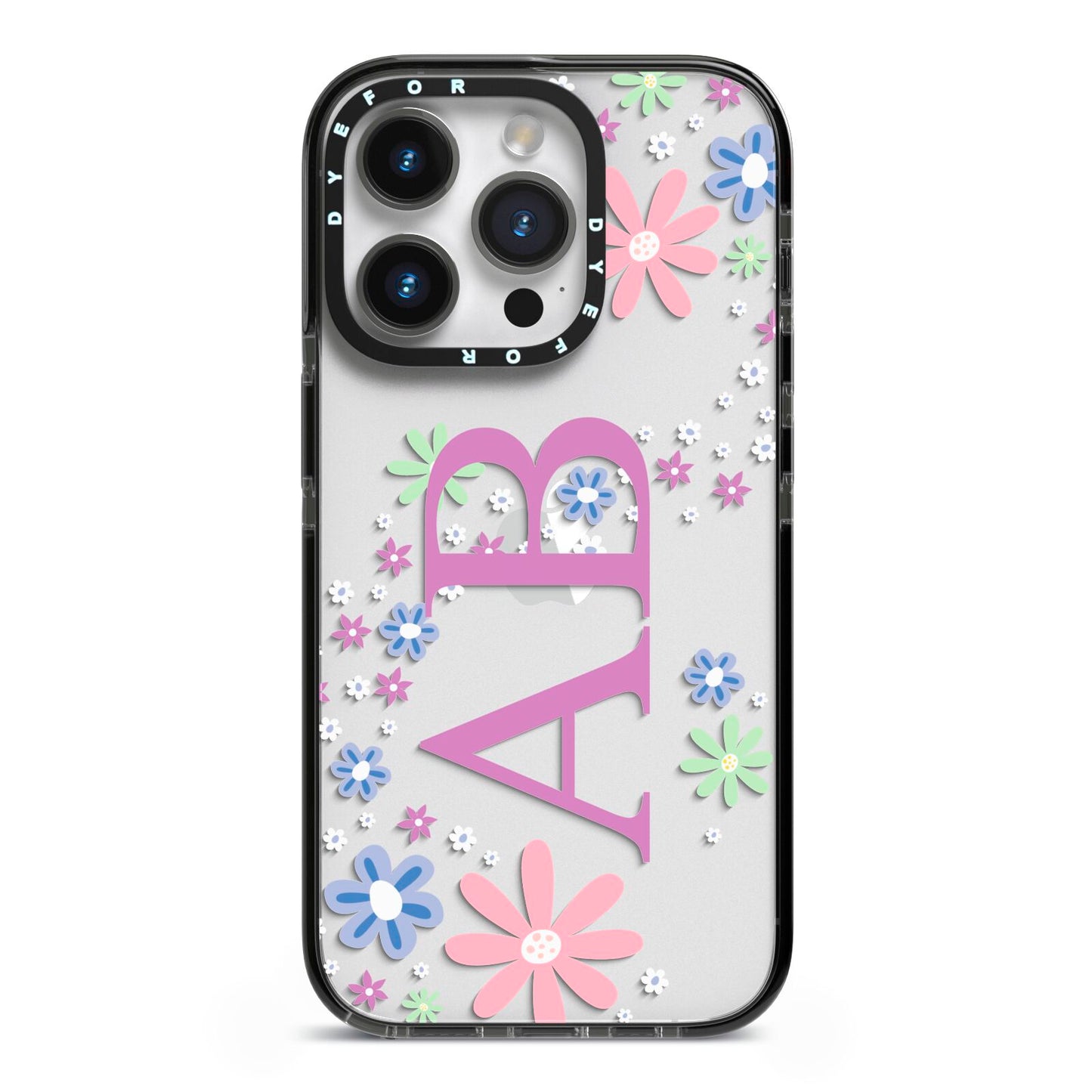 Personalised Floral Initials iPhone 14 Pro Black Impact Case on Silver phone