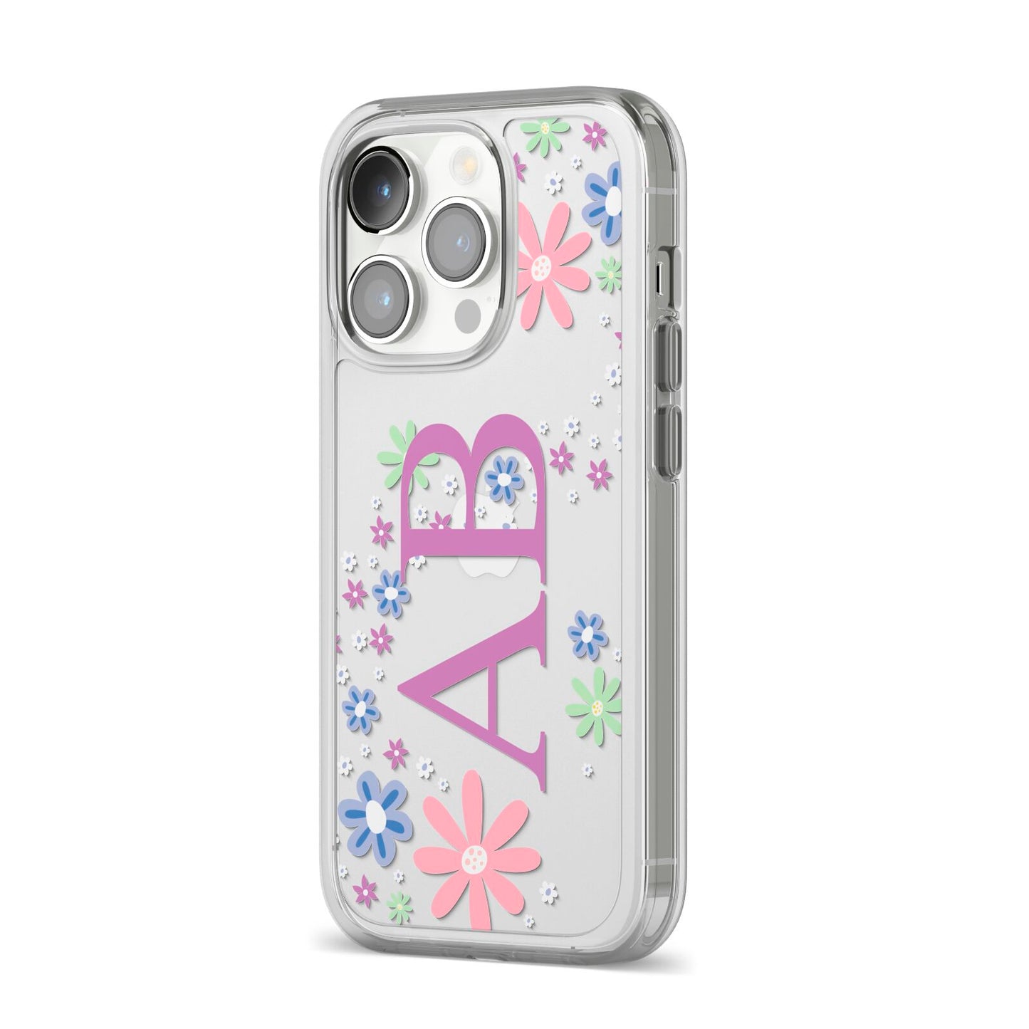 Personalised Floral Initials iPhone 14 Pro Clear Tough Case Silver Angled Image