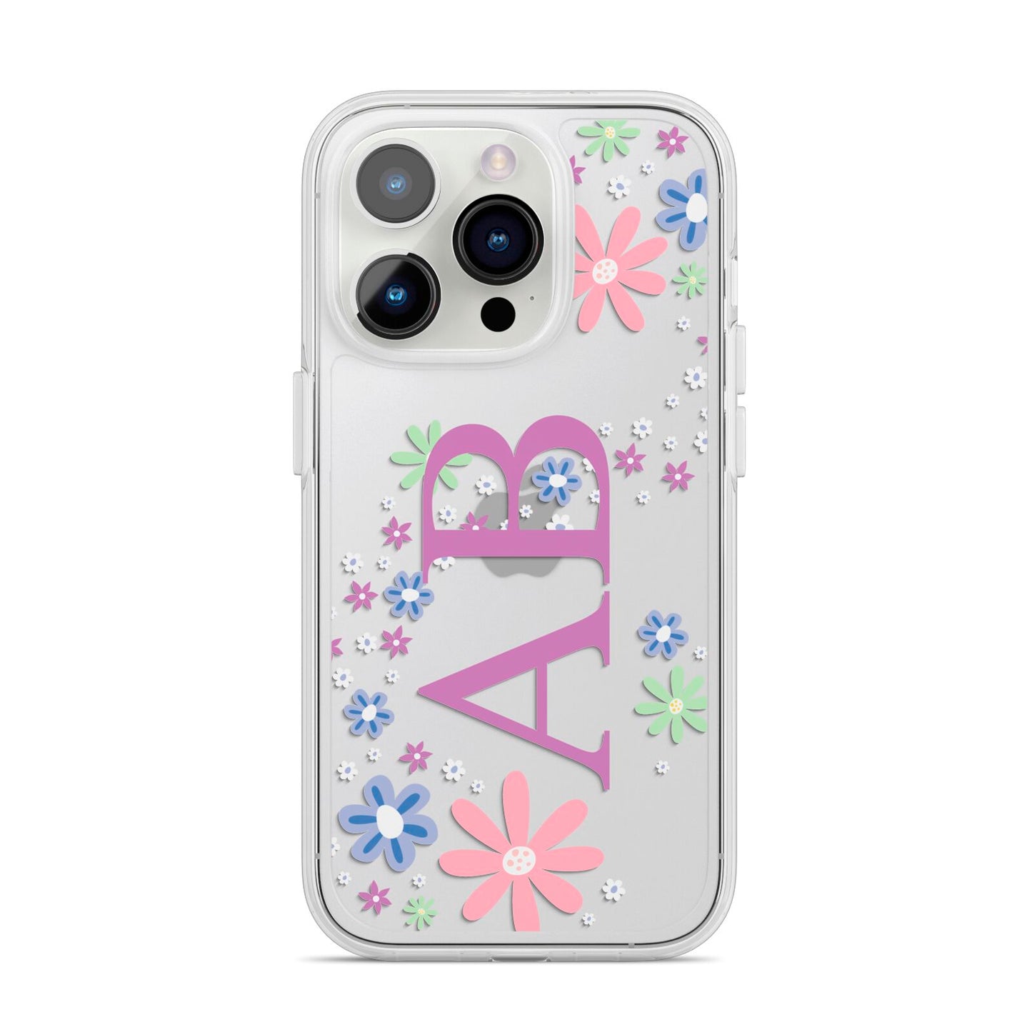 Personalised Floral Initials iPhone 14 Pro Clear Tough Case Silver