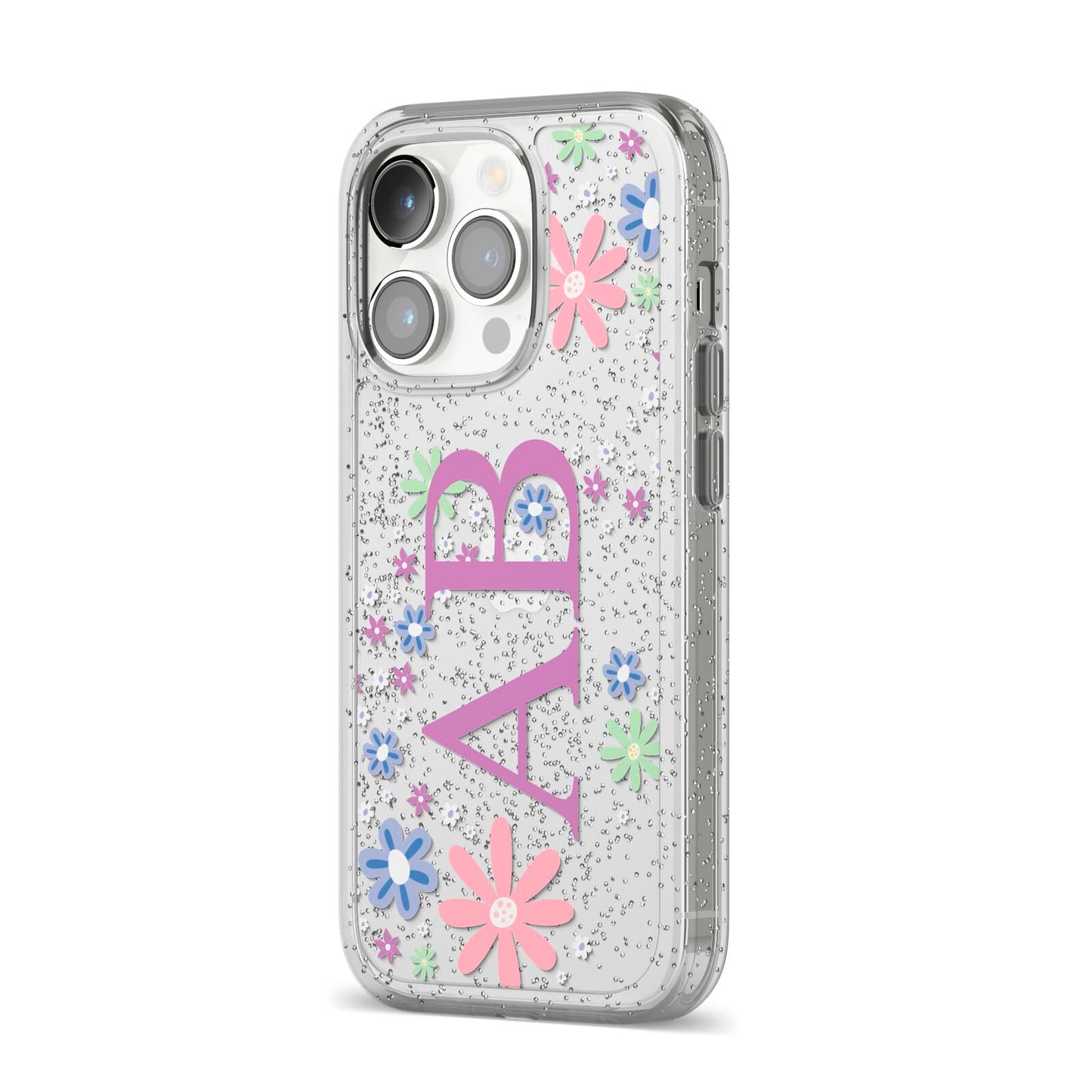 Personalised Floral Initials iPhone 14 Pro Glitter Tough Case Silver Angled Image