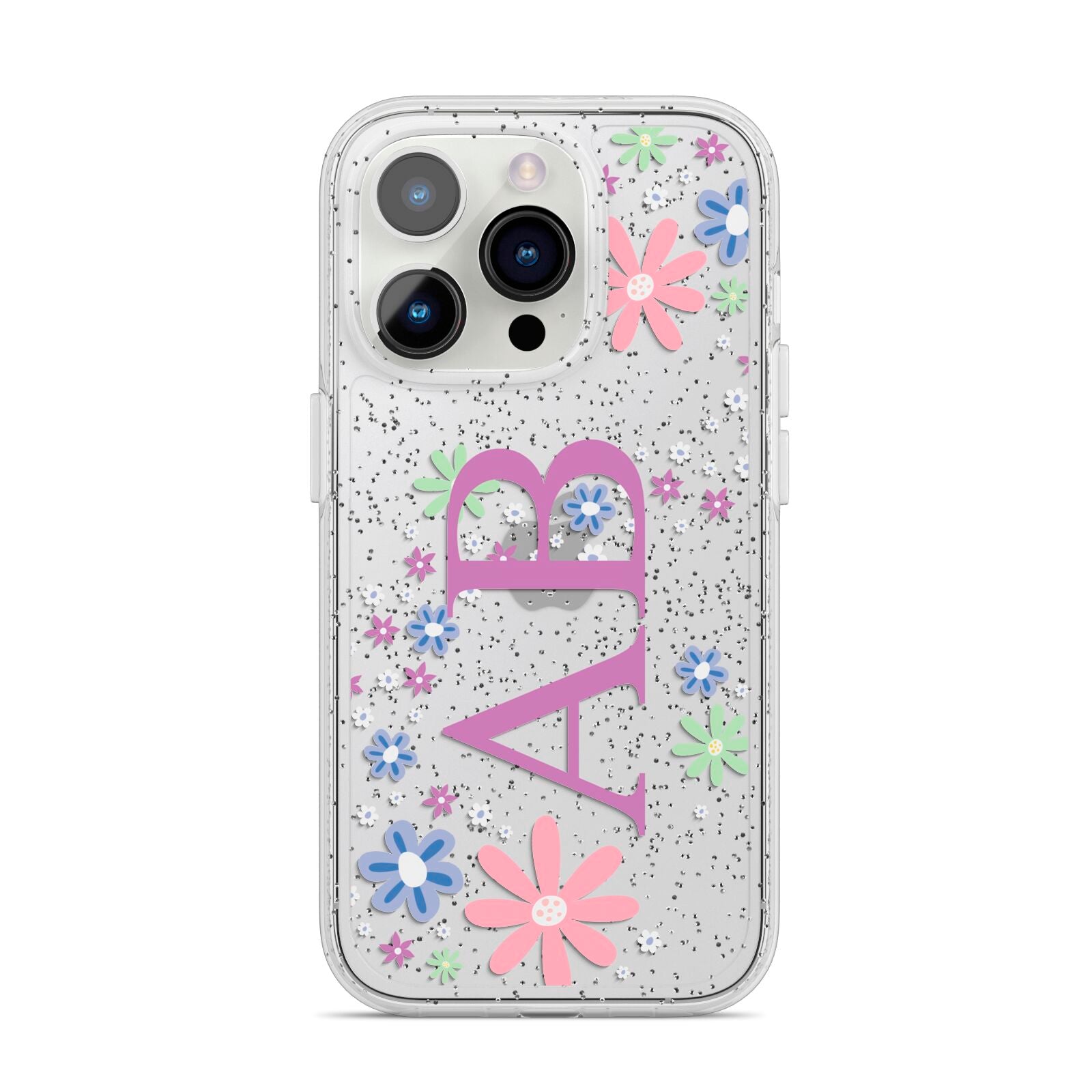 Personalised Floral Initials iPhone 14 Pro Glitter Tough Case Silver