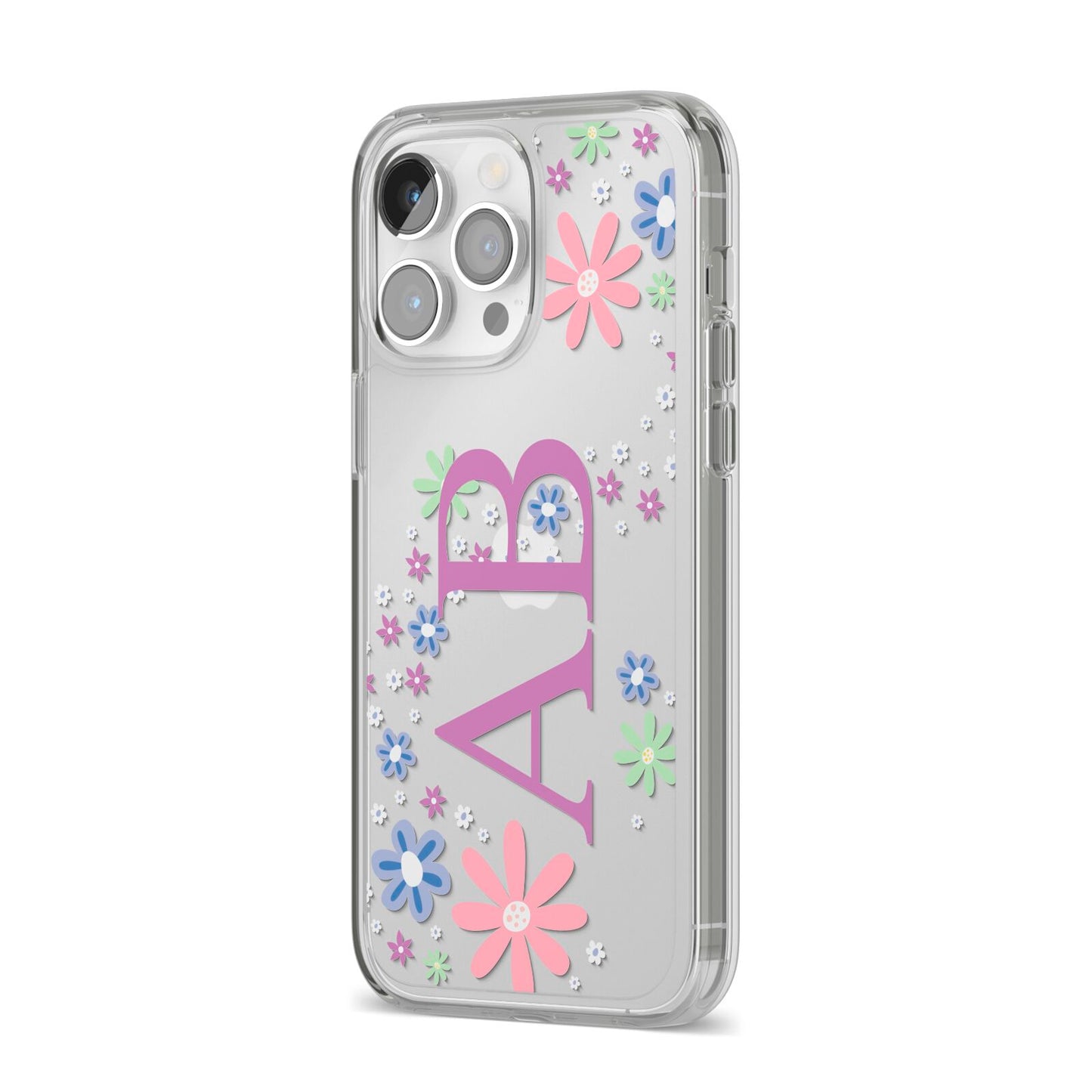 Personalised Floral Initials iPhone 14 Pro Max Clear Tough Case Silver Angled Image