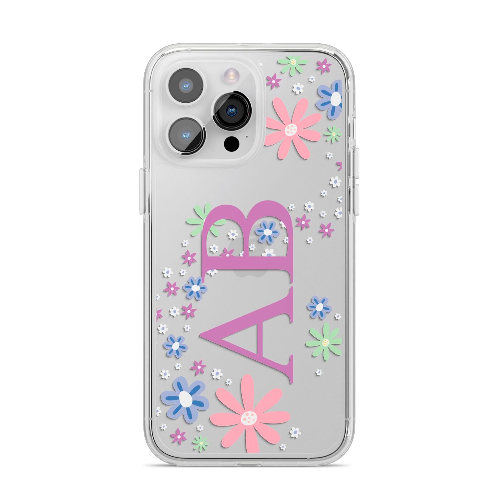 Personalised Floral Initials iPhone 14 Pro Max Clear Tough Case Silver