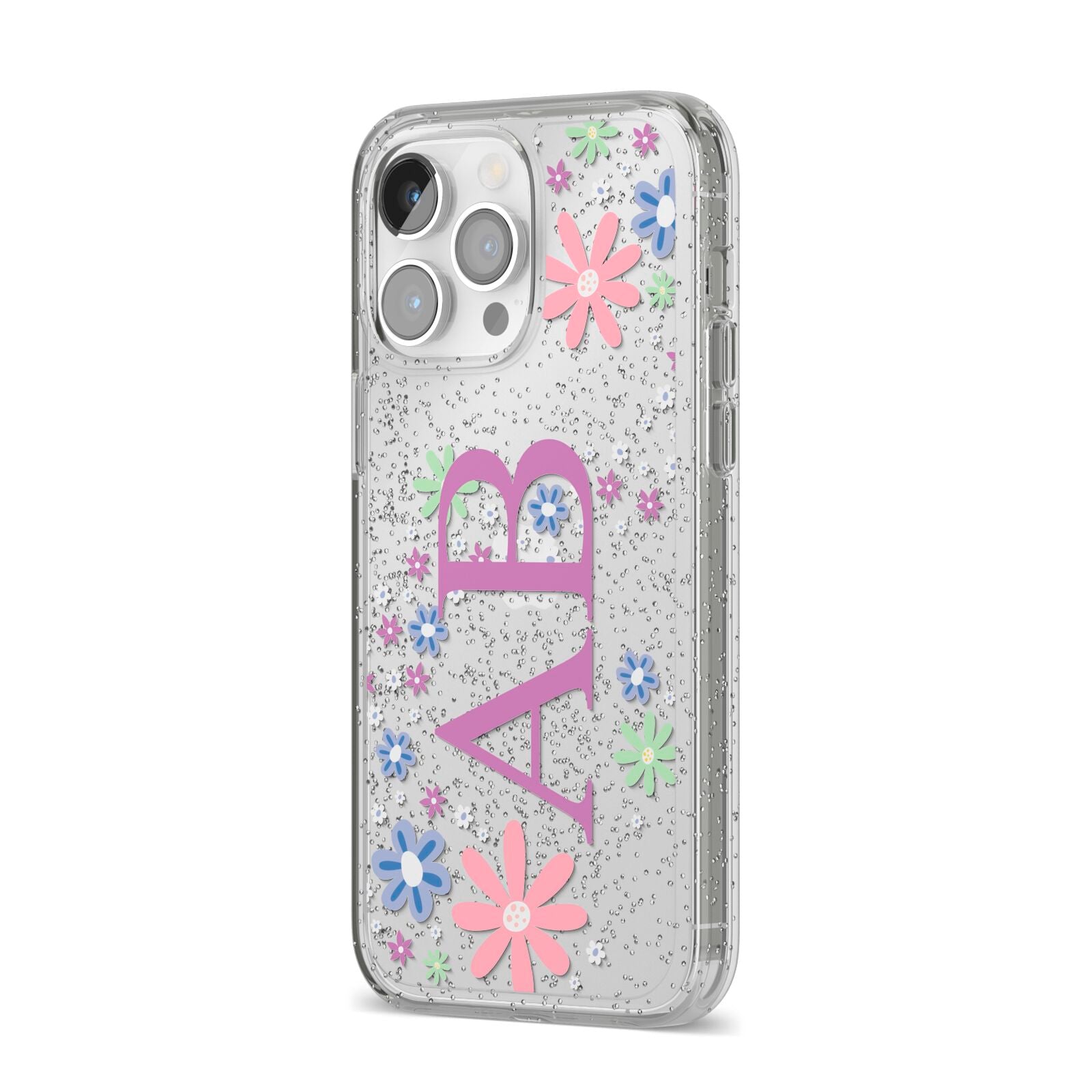 Personalised Floral Initials iPhone 14 Pro Max Glitter Tough Case Silver Angled Image