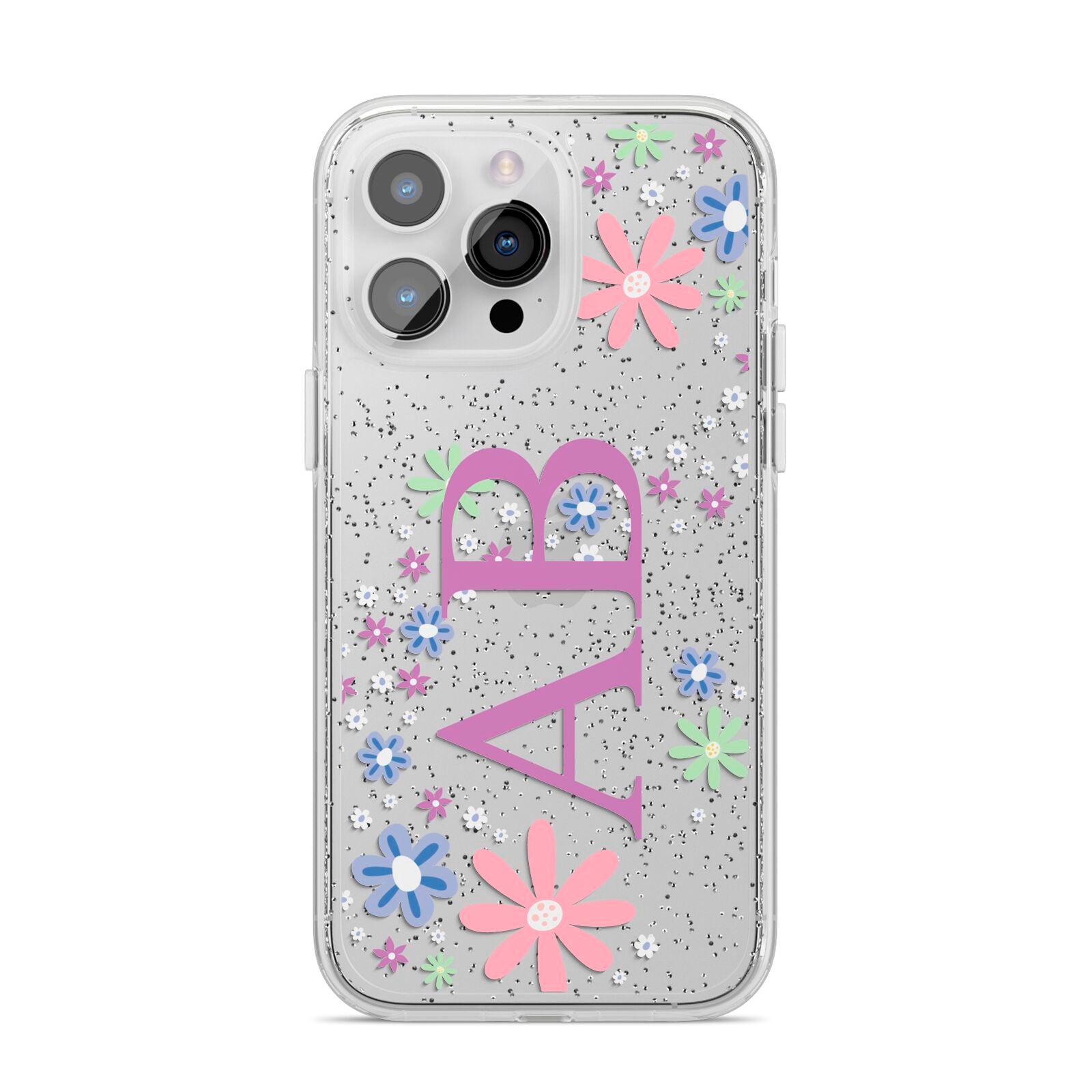 Personalised Floral Initials iPhone 14 Pro Max Glitter Tough Case Silver