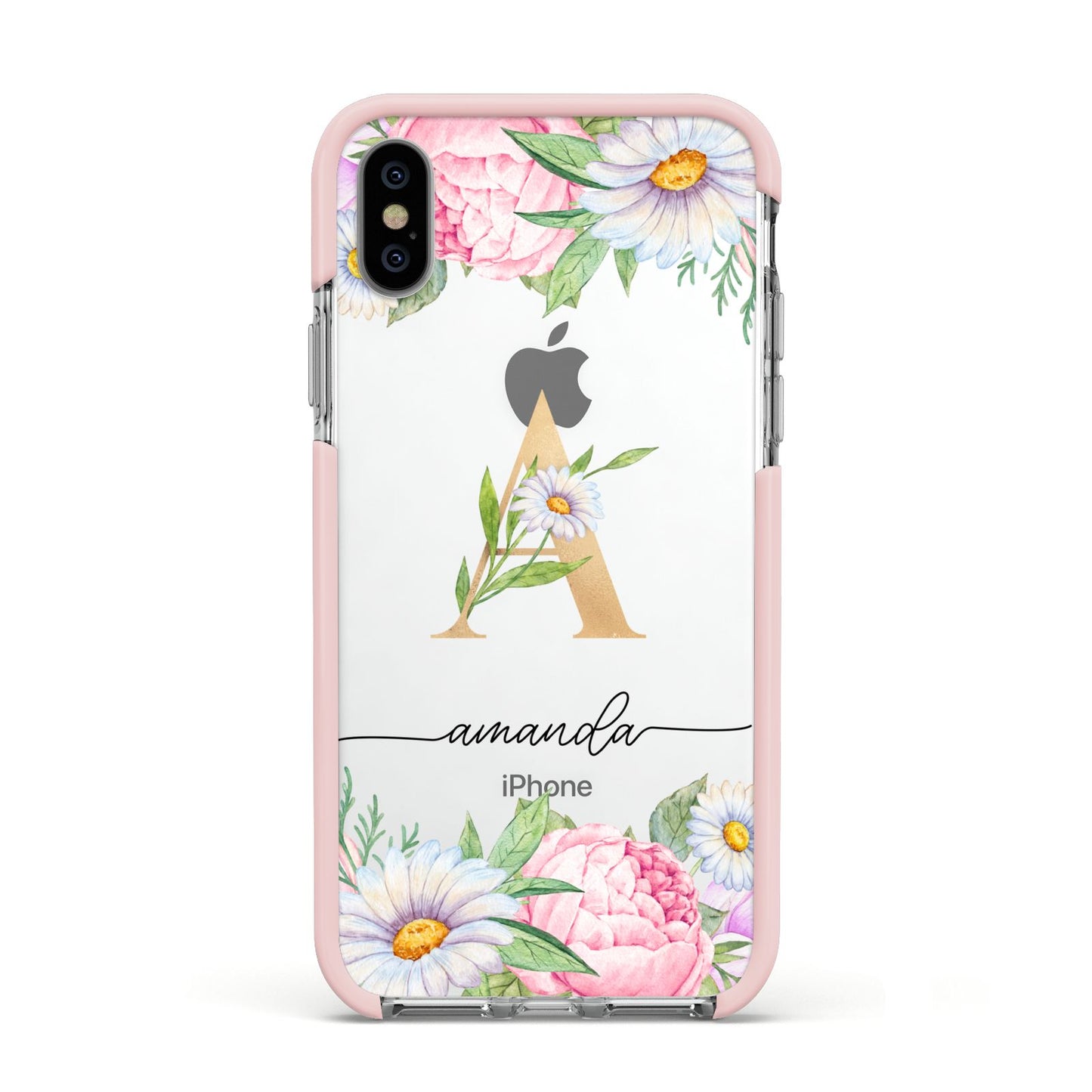 Personalised Floral Monogram Apple iPhone Xs Impact Case Pink Edge on Silver Phone