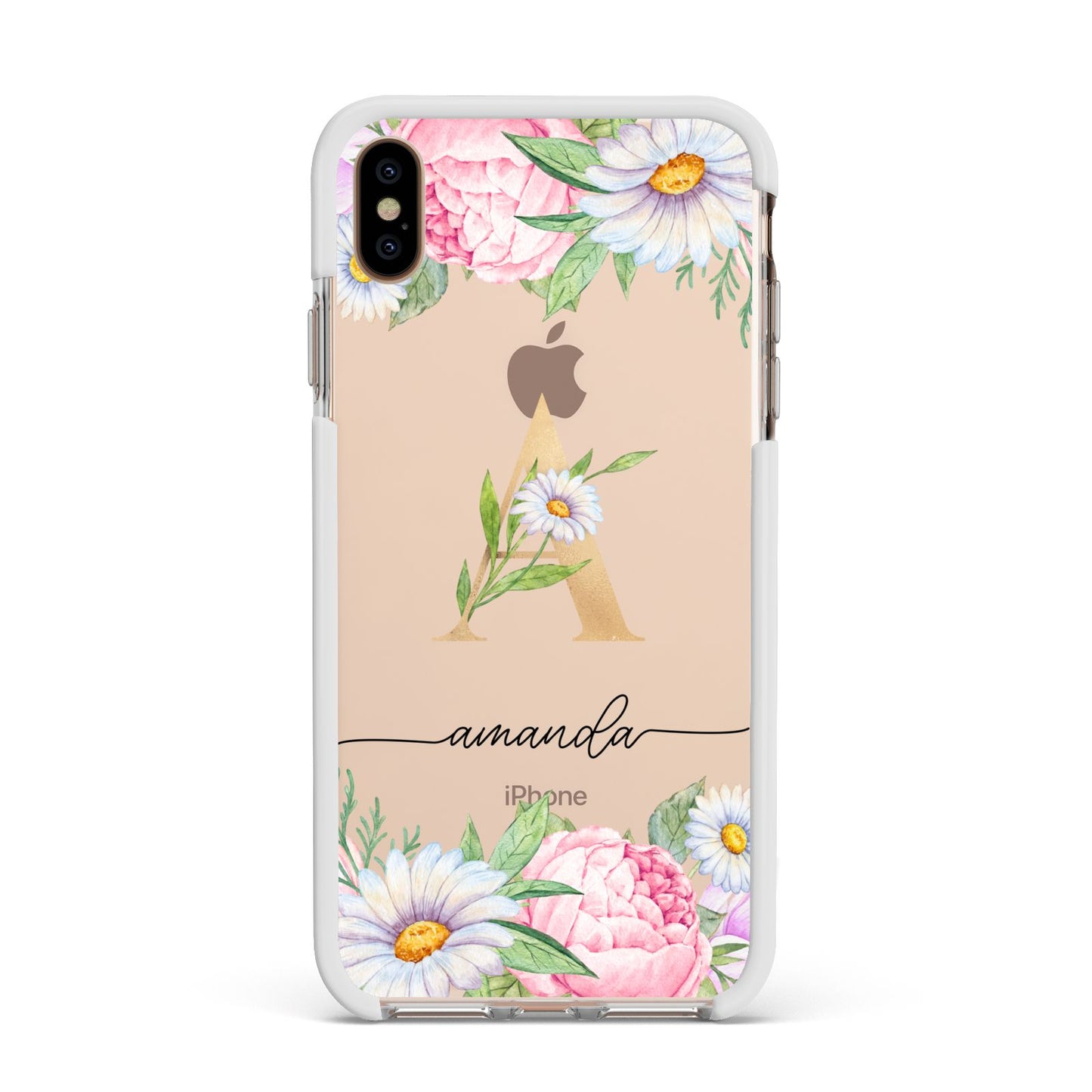 Personalised Floral Monogram Apple iPhone Xs Max Impact Case White Edge on Gold Phone