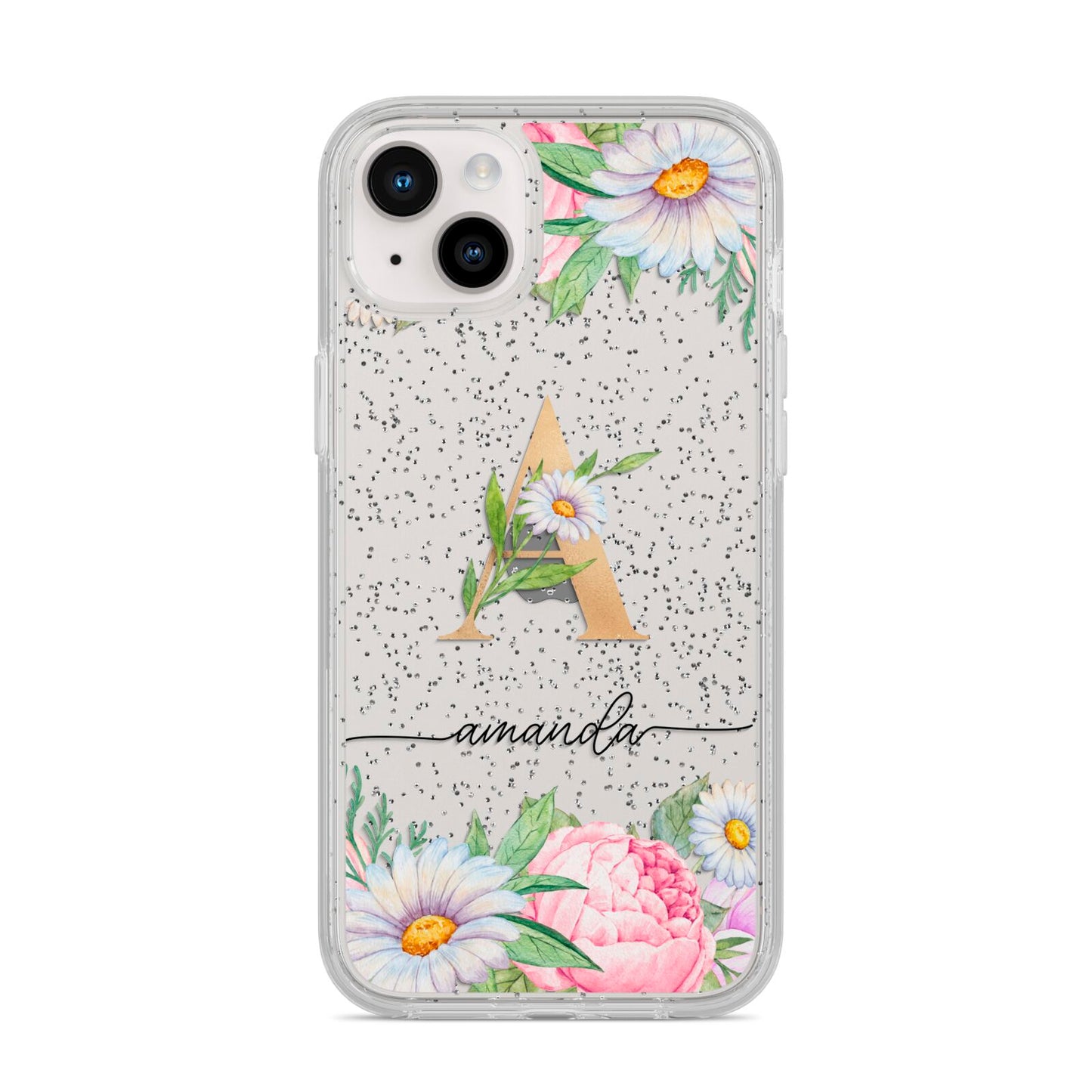 Personalised Floral Monogram iPhone 14 Plus Glitter Tough Case Starlight