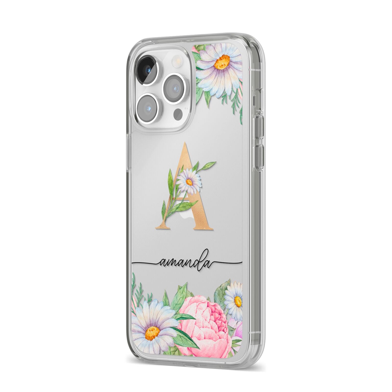 Personalised Floral Monogram iPhone 14 Pro Max Clear Tough Case Silver Angled Image