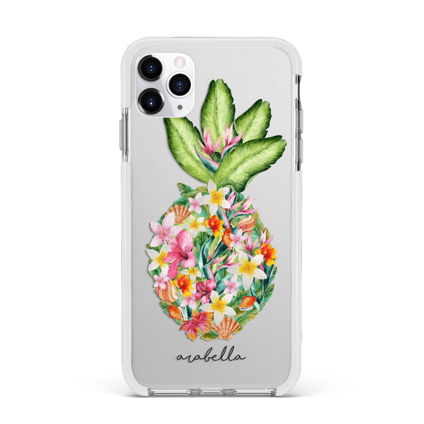 Personalised Floral Pineapple Apple iPhone 11 Pro Max in Silver with White Impact Case