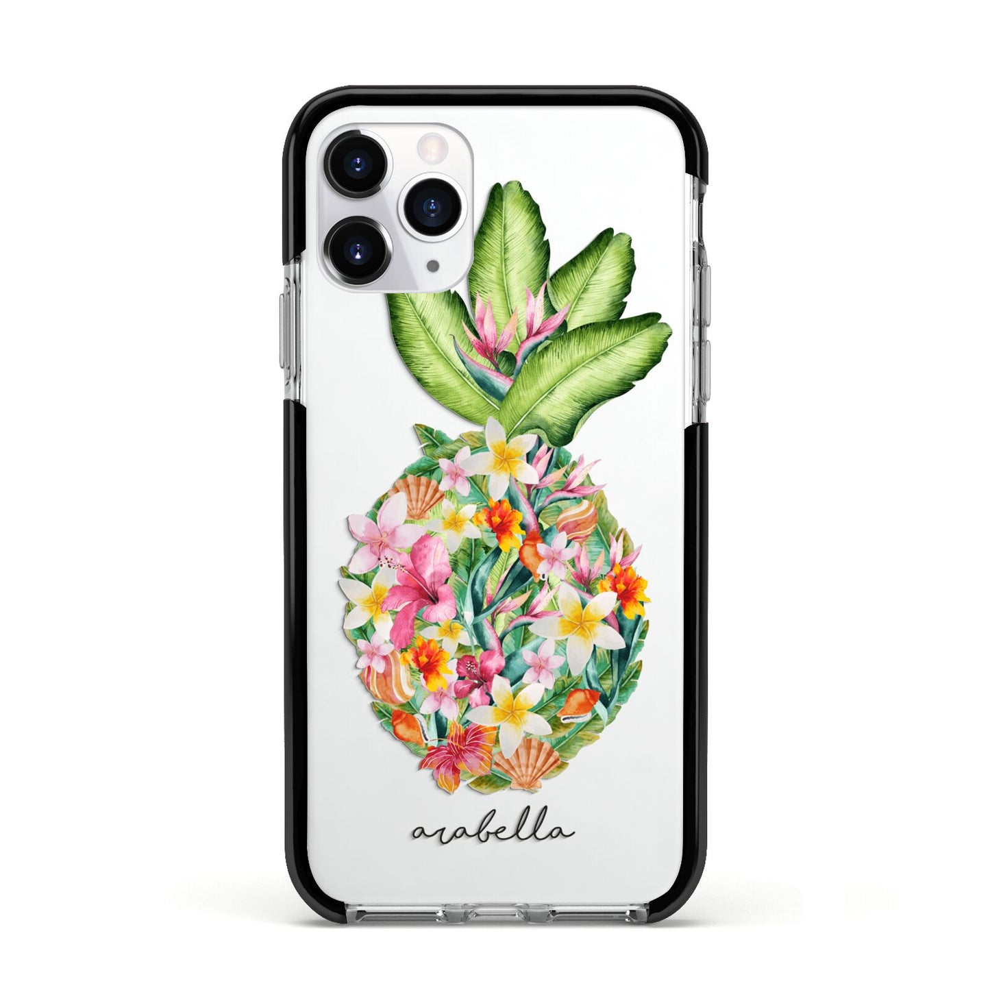 Personalised Floral Pineapple Apple iPhone 11 Pro in Silver with Black Impact Case