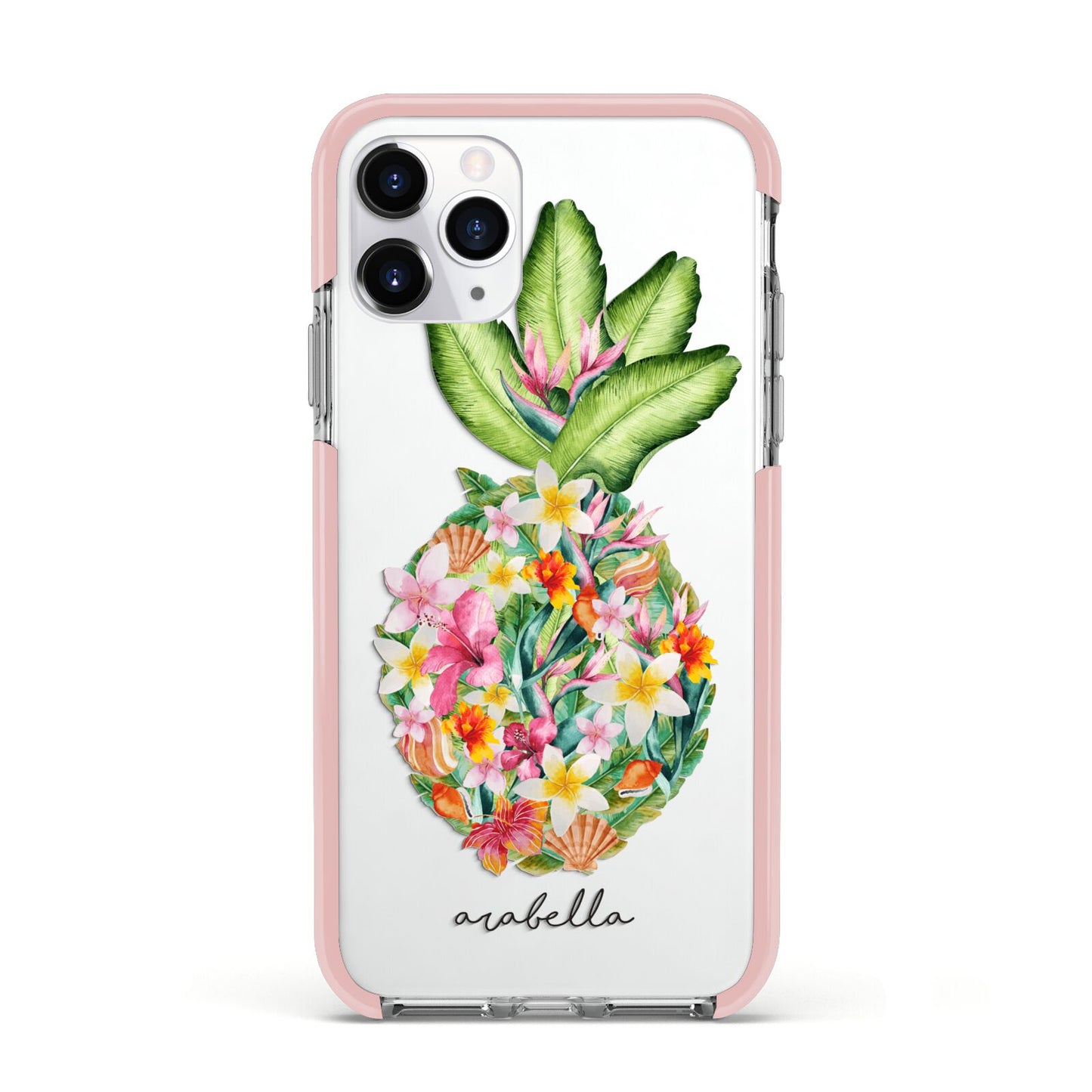 Personalised Floral Pineapple Apple iPhone 11 Pro in Silver with Pink Impact Case
