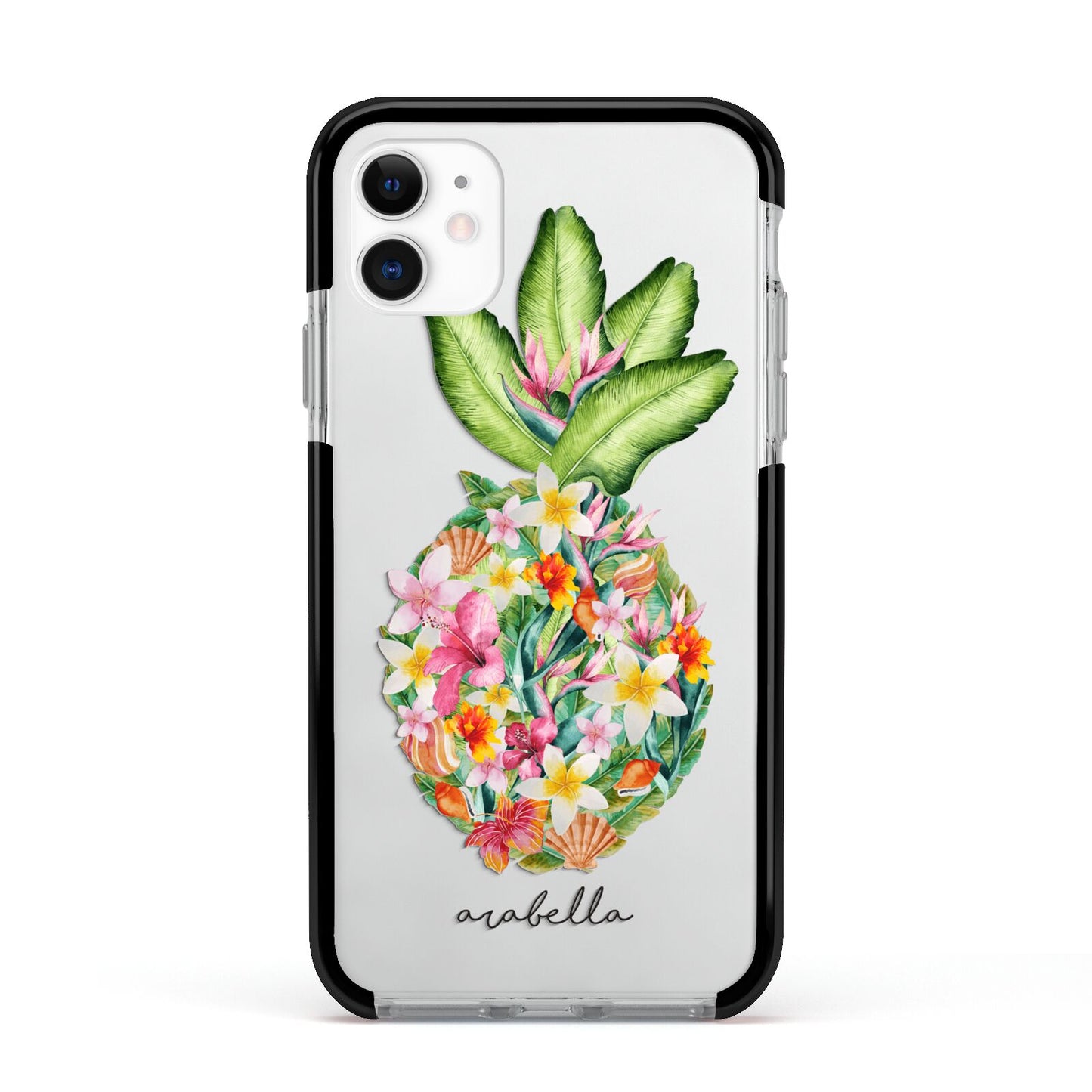 Personalised Floral Pineapple Apple iPhone 11 in White with Black Impact Case