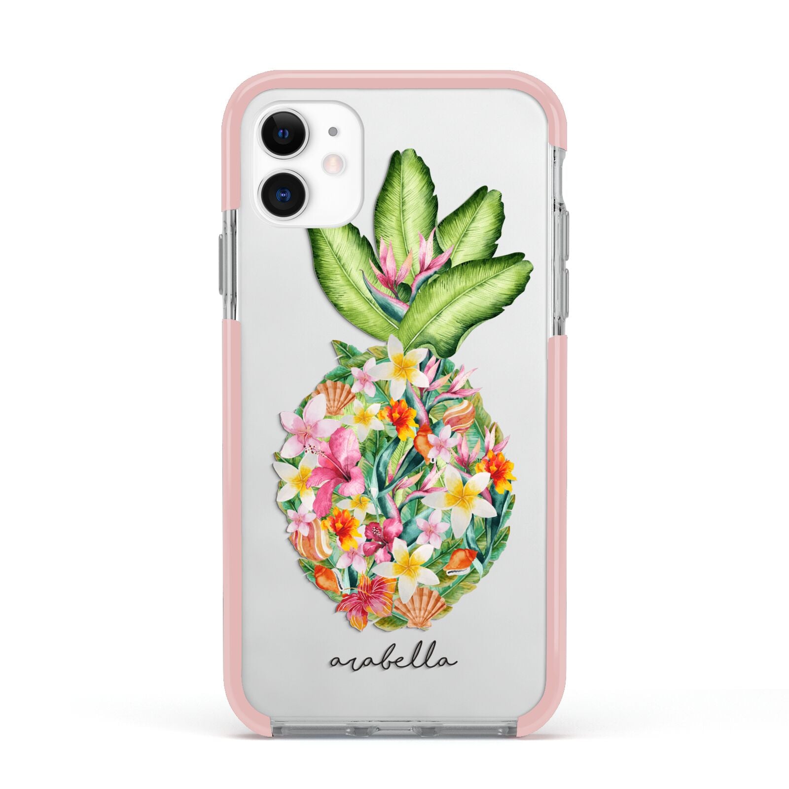 Personalised Floral Pineapple Apple iPhone 11 in White with Pink Impact Case