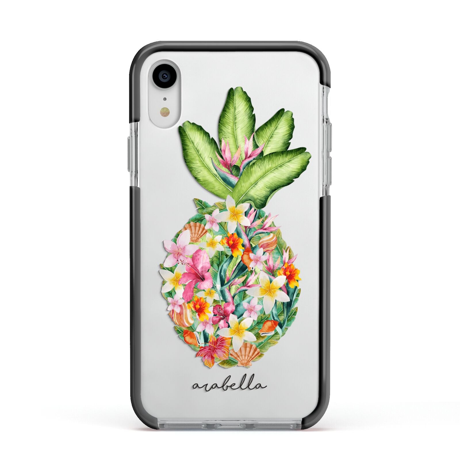 Personalised Floral Pineapple Apple iPhone XR Impact Case Black Edge on Silver Phone