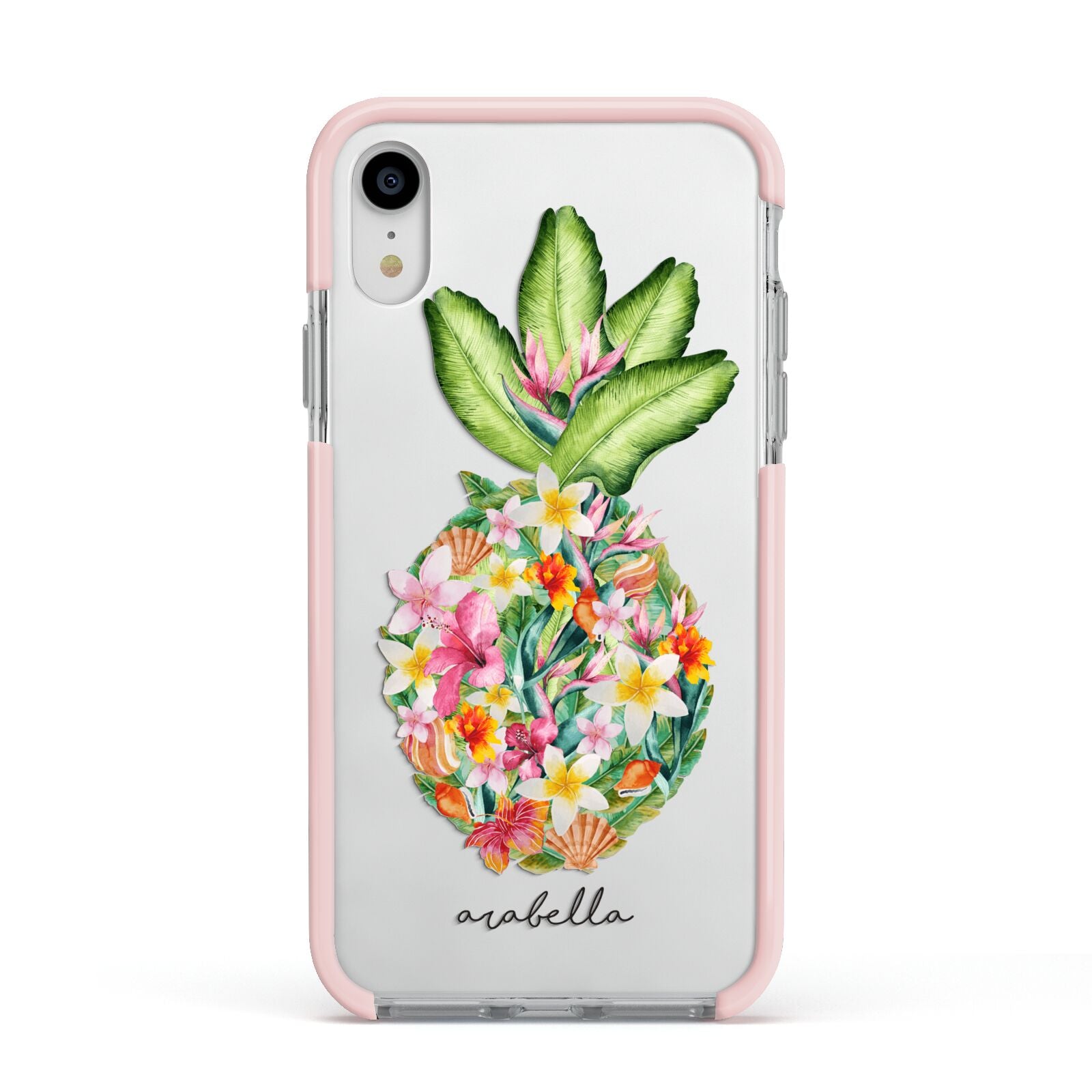 Personalised Floral Pineapple Apple iPhone XR Impact Case Pink Edge on Silver Phone