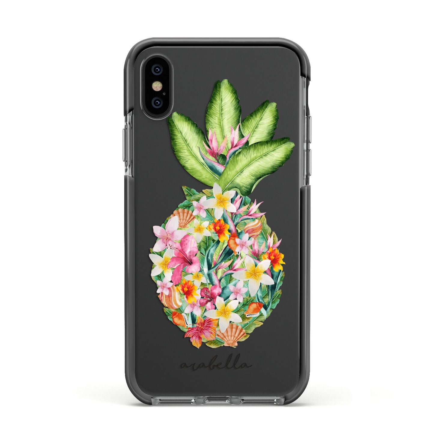 Personalised Floral Pineapple Apple iPhone Xs Impact Case Black Edge on Black Phone