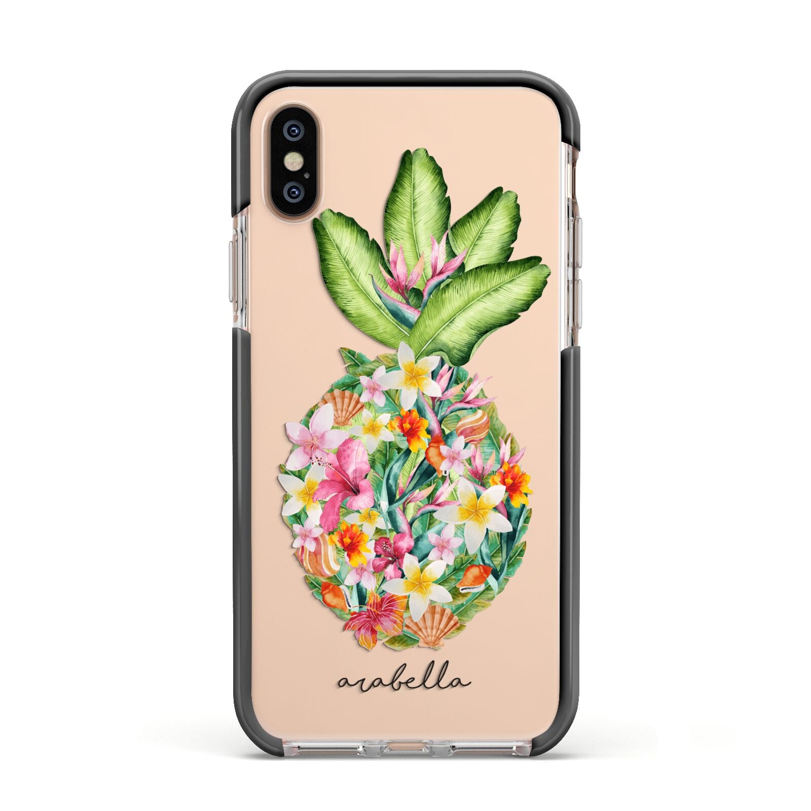 Personalised Floral Pineapple Apple iPhone Xs Impact Case Black Edge on Gold Phone