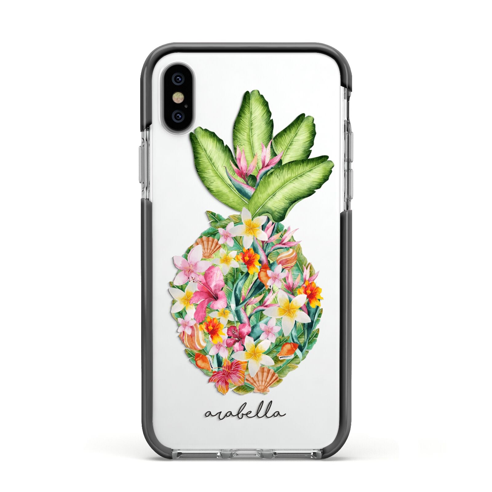Personalised Floral Pineapple Apple iPhone Xs Impact Case Black Edge on Silver Phone