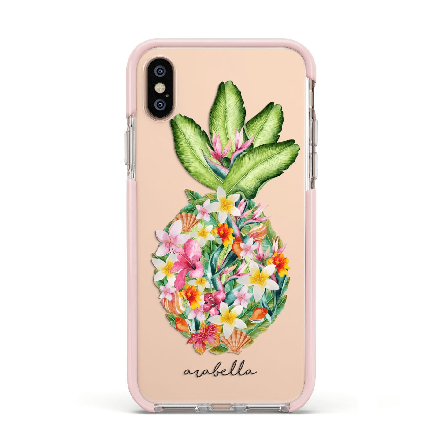 Personalised Floral Pineapple Apple iPhone Xs Impact Case Pink Edge on Gold Phone