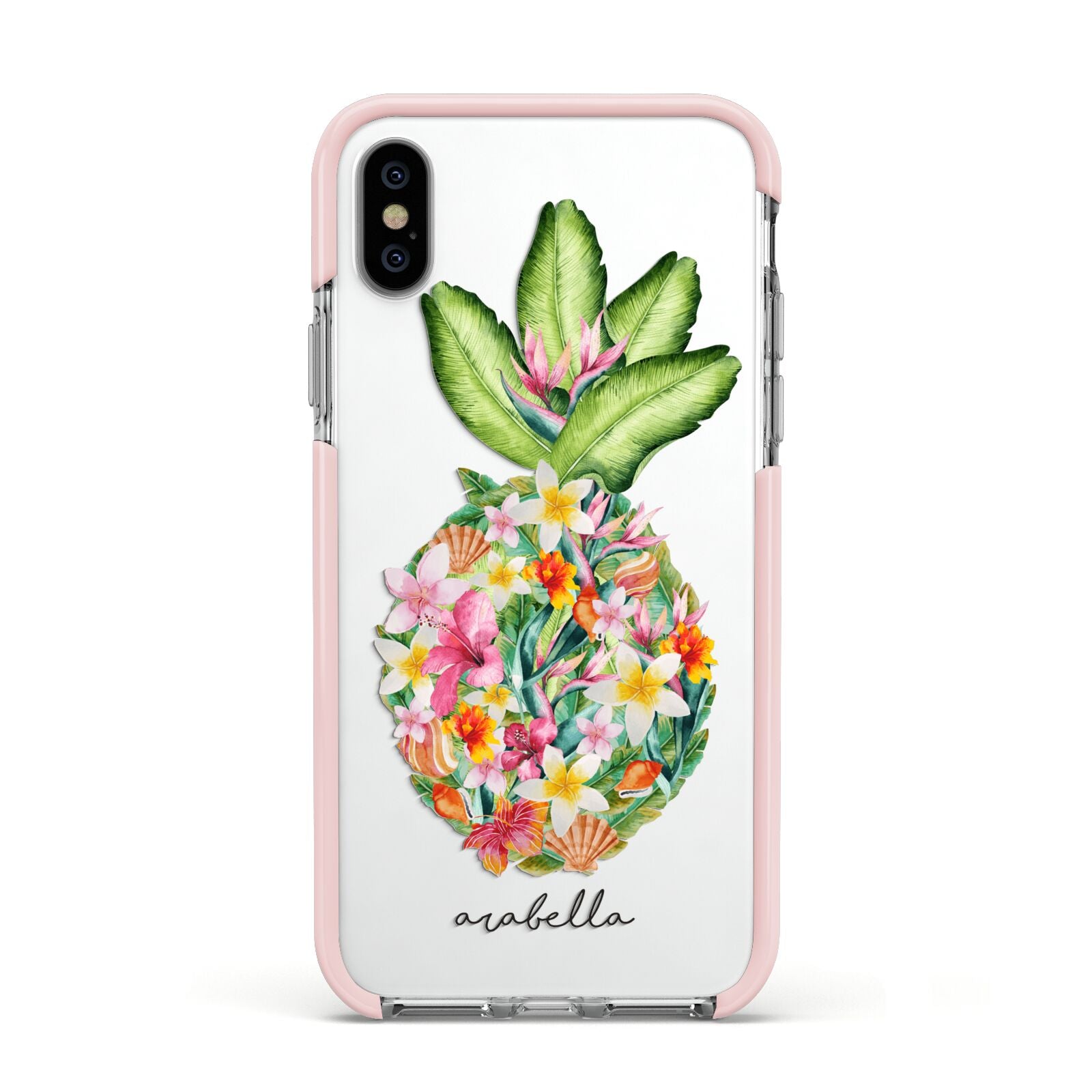 Personalised Floral Pineapple Apple iPhone Xs Impact Case Pink Edge on Silver Phone