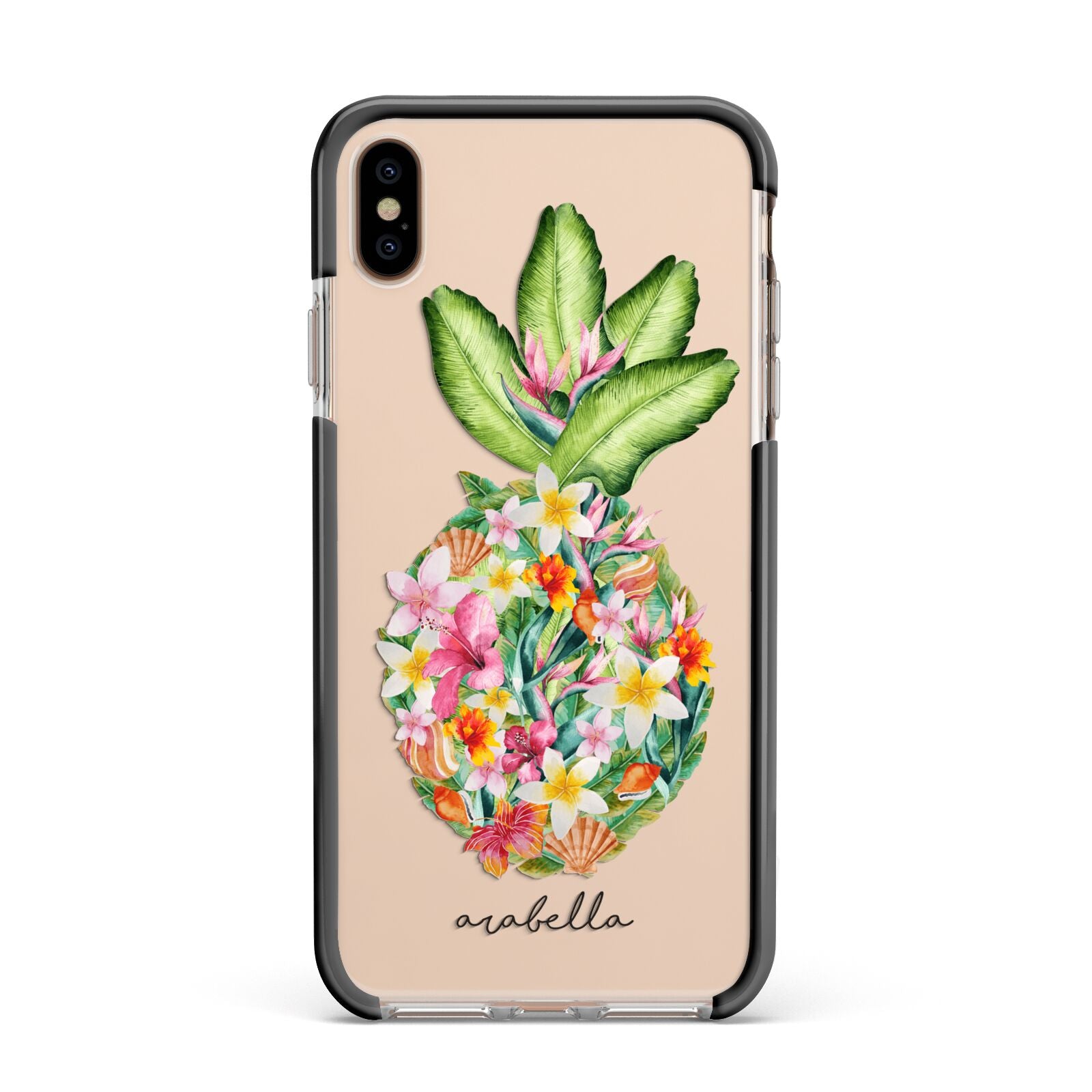 Personalised Floral Pineapple Apple iPhone Xs Max Impact Case Black Edge on Gold Phone