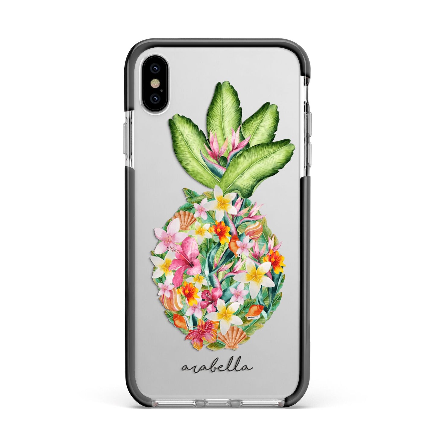 Personalised Floral Pineapple Apple iPhone Xs Max Impact Case Black Edge on Silver Phone