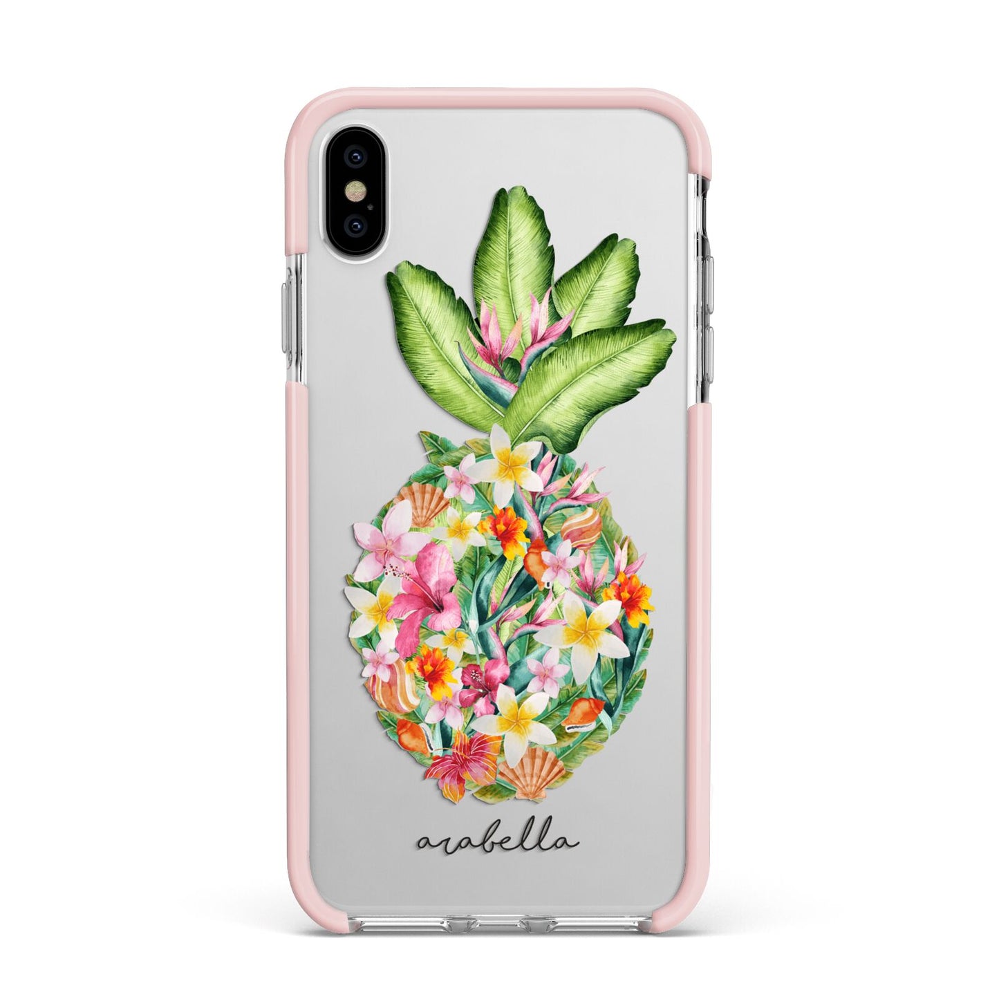 Personalised Floral Pineapple Apple iPhone Xs Max Impact Case Pink Edge on Silver Phone
