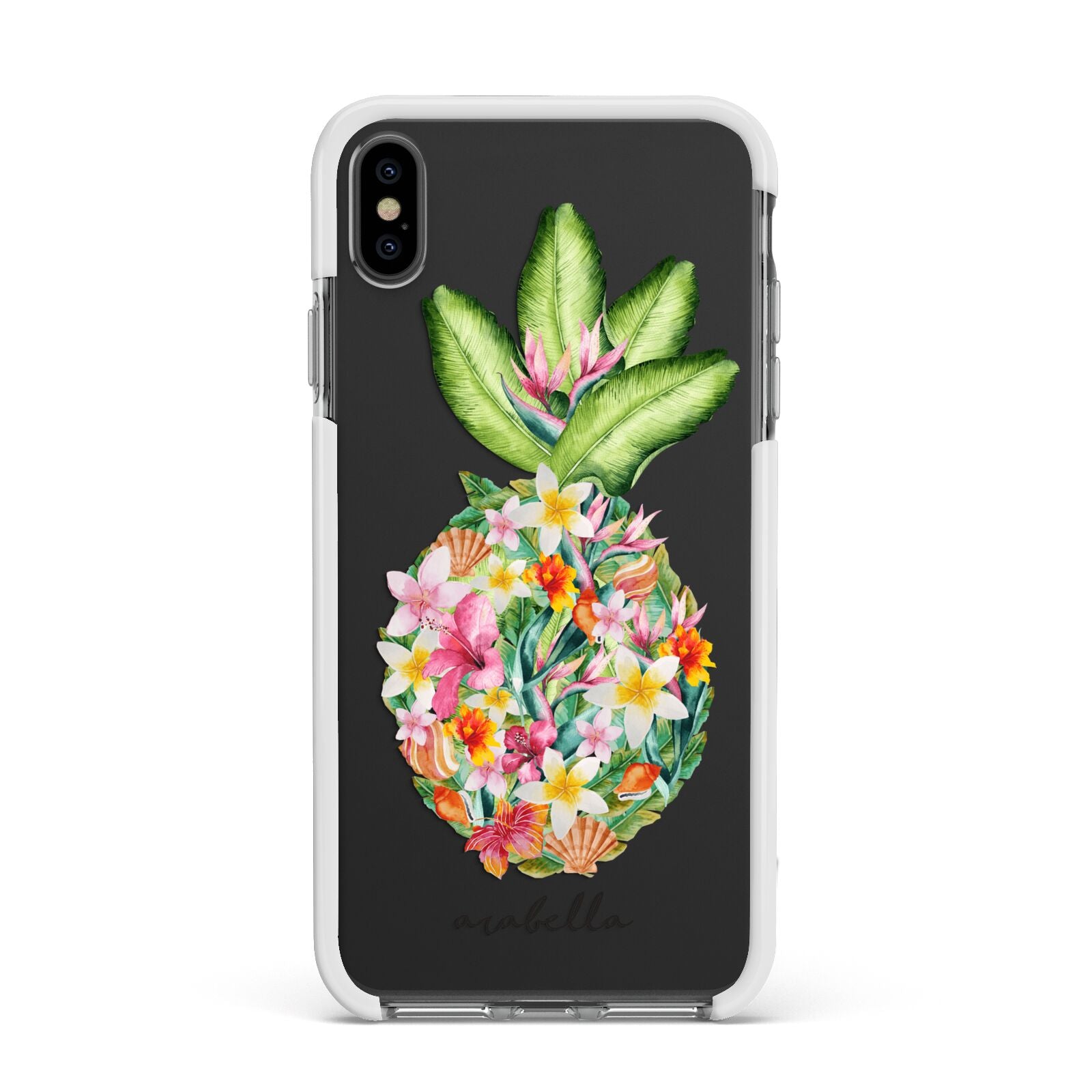 Personalised Floral Pineapple Apple iPhone Xs Max Impact Case White Edge on Black Phone