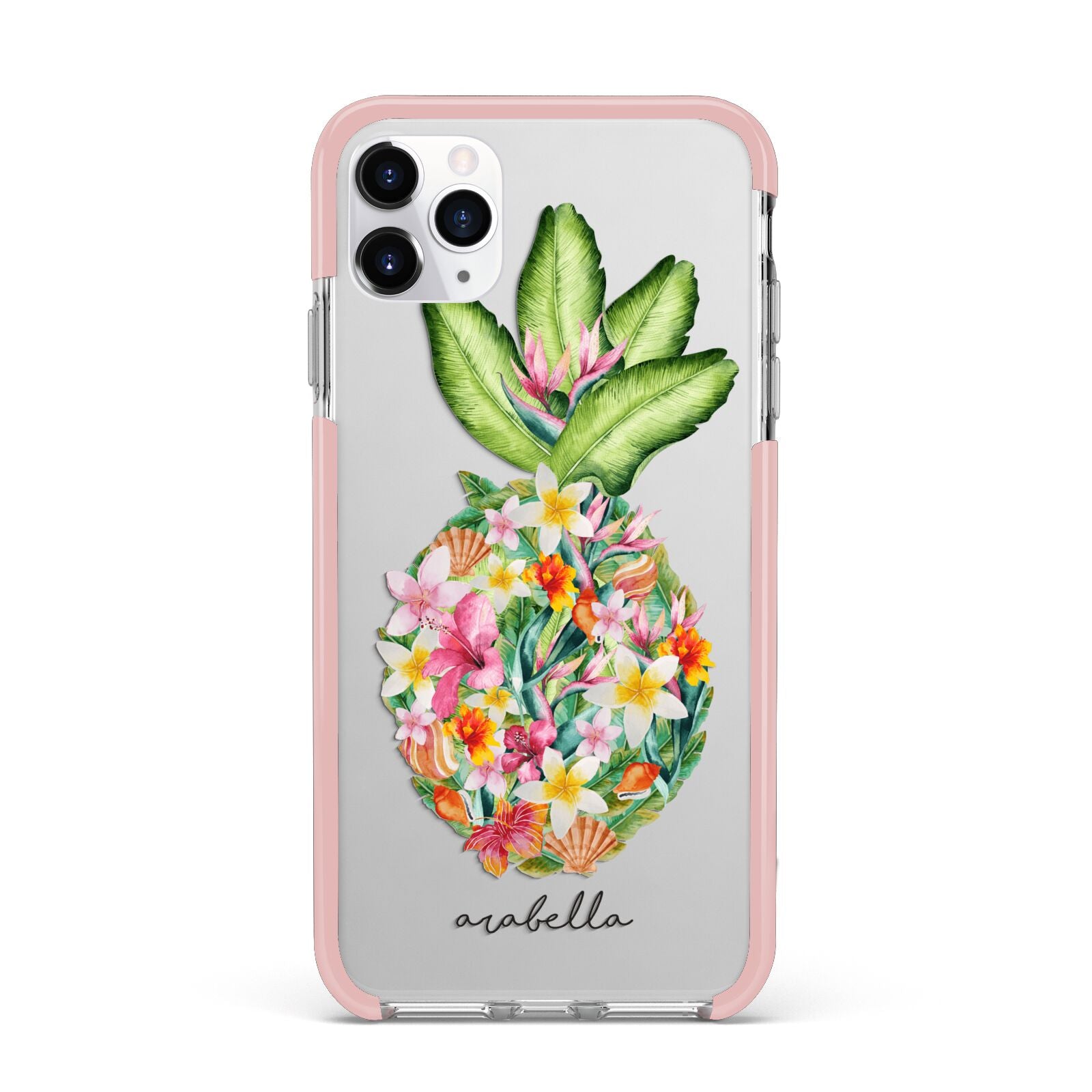 Personalised Floral Pineapple iPhone 11 Pro Max Impact Pink Edge Case