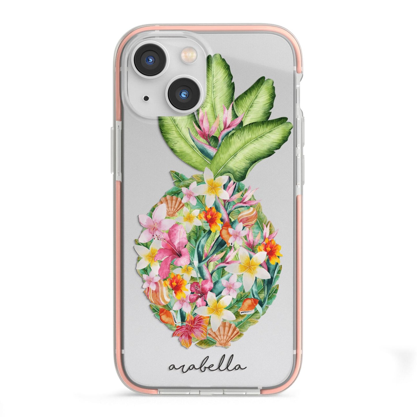 Personalised Floral Pineapple iPhone 13 Mini TPU Impact Case with Pink Edges