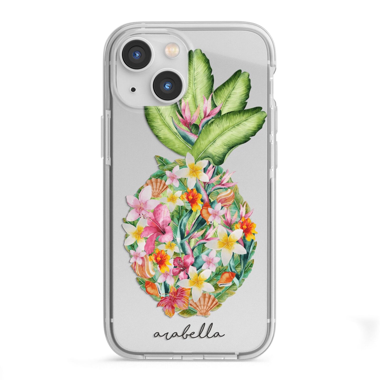 Personalised Floral Pineapple iPhone 13 Mini TPU Impact Case with White Edges