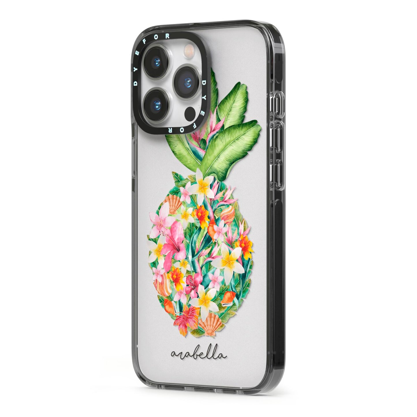Personalised Floral Pineapple iPhone 13 Pro Black Impact Case Side Angle on Silver phone